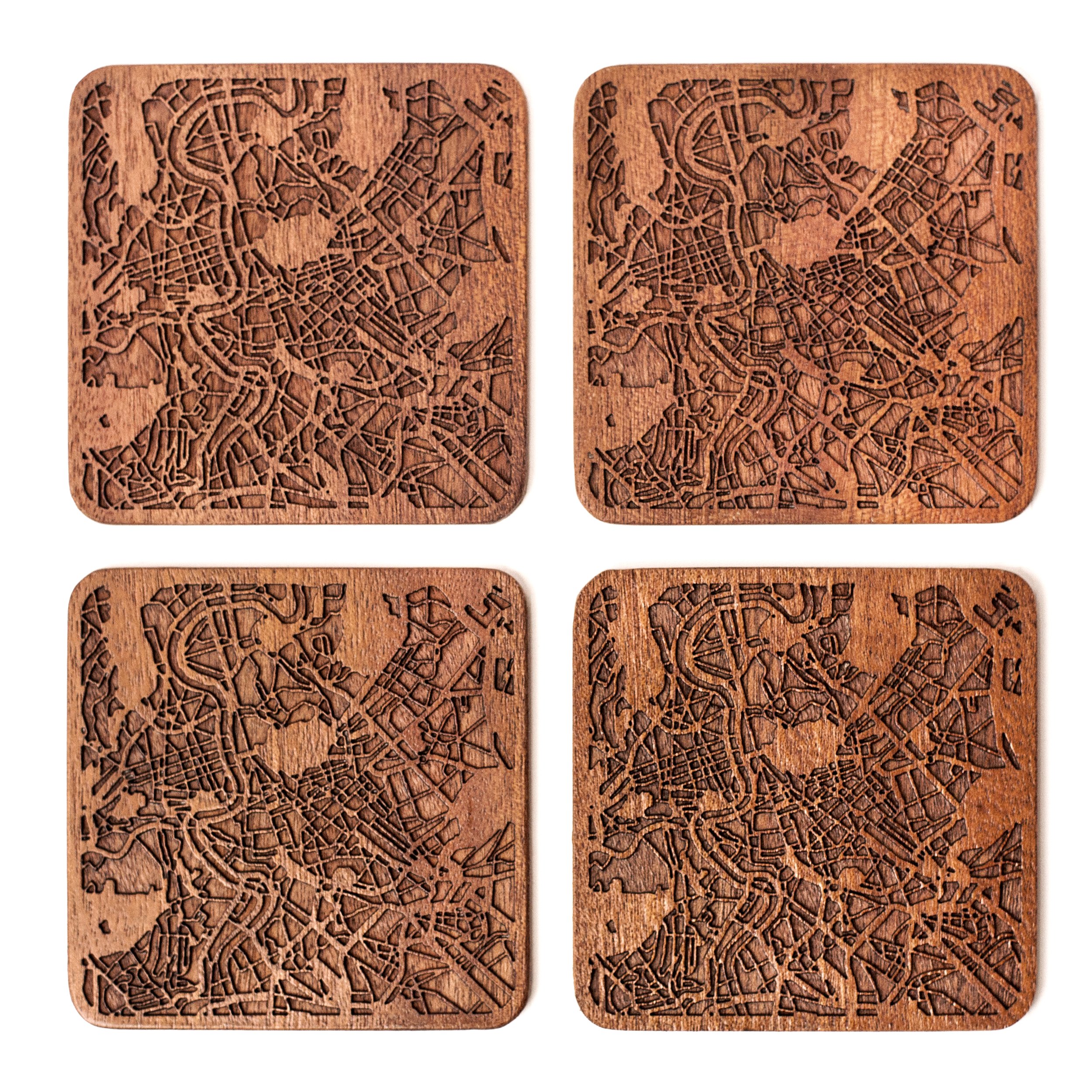 Rome Map Coaster, Set of 4, Sapele Wooden Coaster with City Map, Handmade