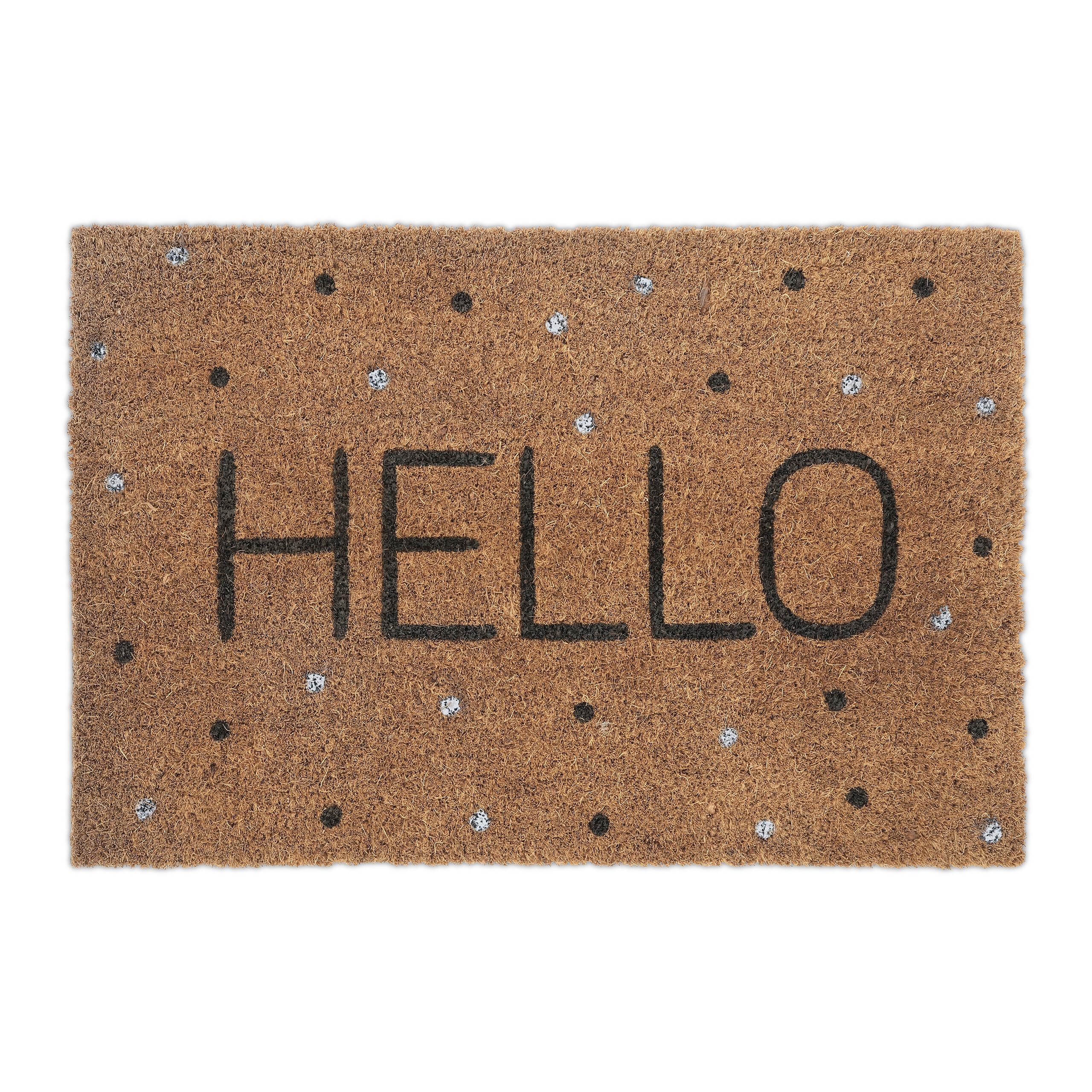 Relaxdays Doormat Coir HELLO Print, 40 x 60 cm, Door Mat Inside & Outside, Non-Slip Wiper, Rectangular, Multicoloured, Coco