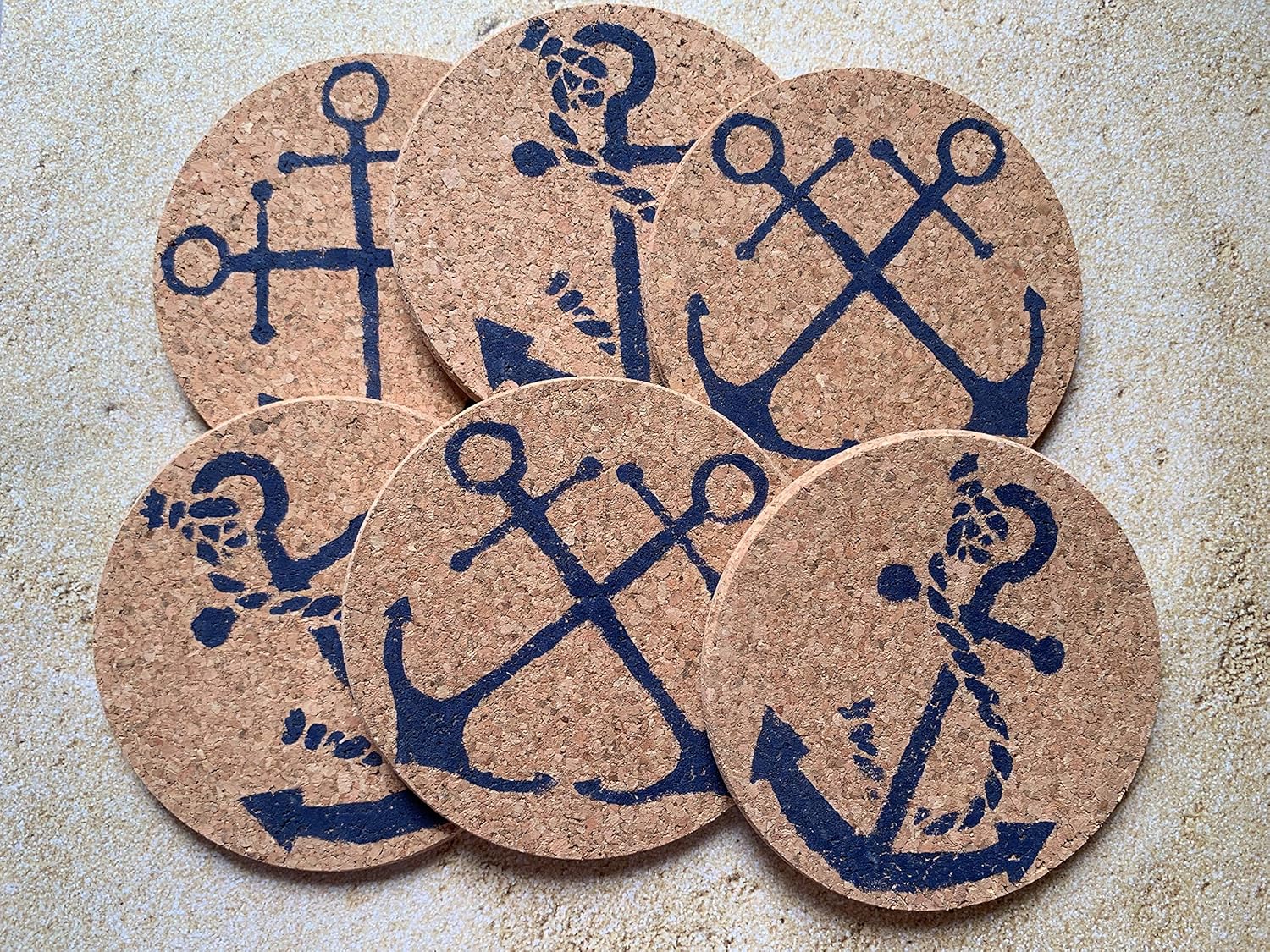 Nautical Anchors Drink Bar Cork Coaster Set of 6, Different