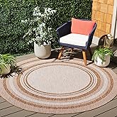 SAFAVIEH Washable Rug Outdoor Beach House Collection - 6'7" Round, Beige & Brown, Non-Shedding & Easy to Clean, Ideal for Pat