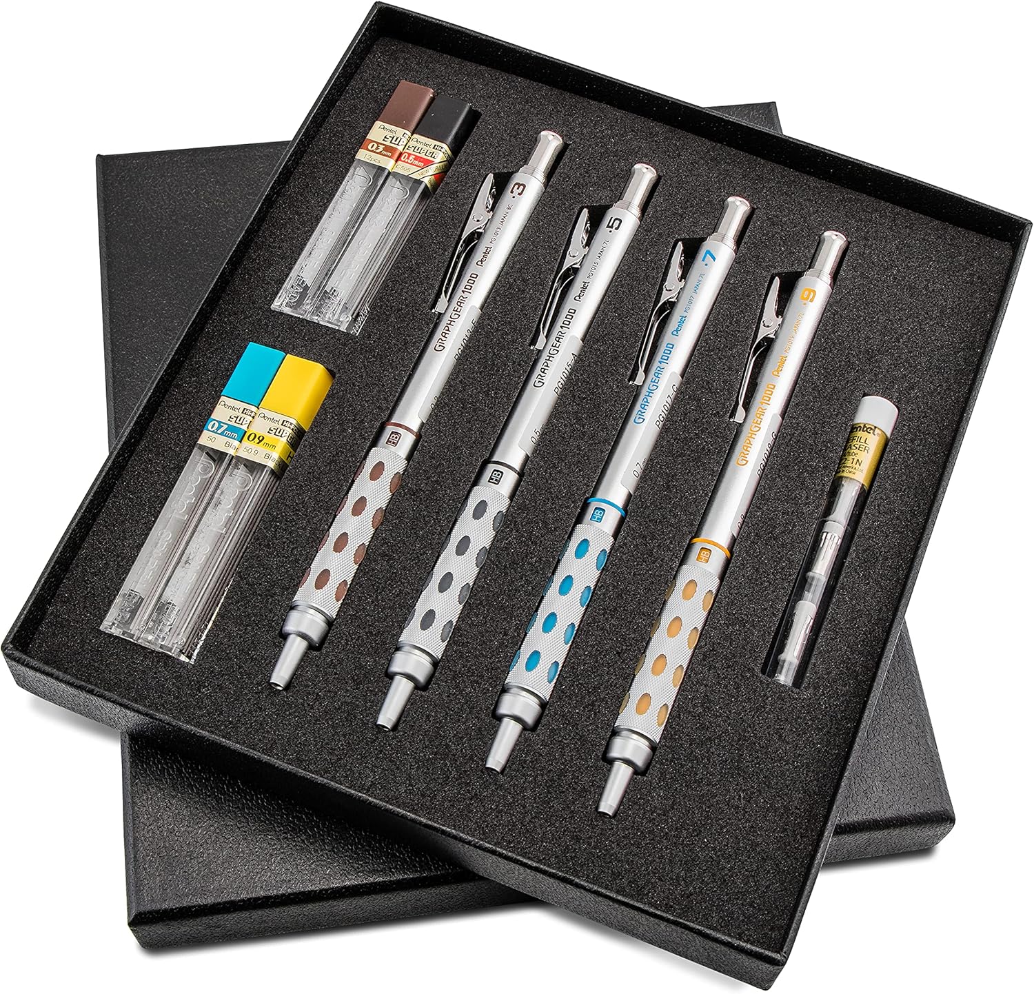 Pentel Arts GraphGear 1000 Premium Gift Set with Refill Leads & Erasers (PG1000BXSET) , Black , 0.3mm, 0.5mm, 0.7mm, 0.9mm: Office Products