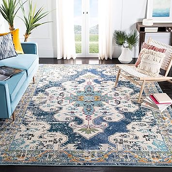 Amazon Com Safavieh Madison Collection Mad452m Boho Chic Medallion Distressed Non Shedding Living Room Bedroom Dining Home Office Area Rug 5 3 X 7 6 Navy Grey Furniture Decor