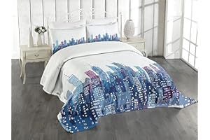 Lunarable New York Bedspread, Skyline of NYC Manhattan Brooklyn Bronx Queens Scratched Pattern, Decorative Quilted 3 Piece Coverlet Set with 2 Pillow Shams, Queen Size, Blue Purple