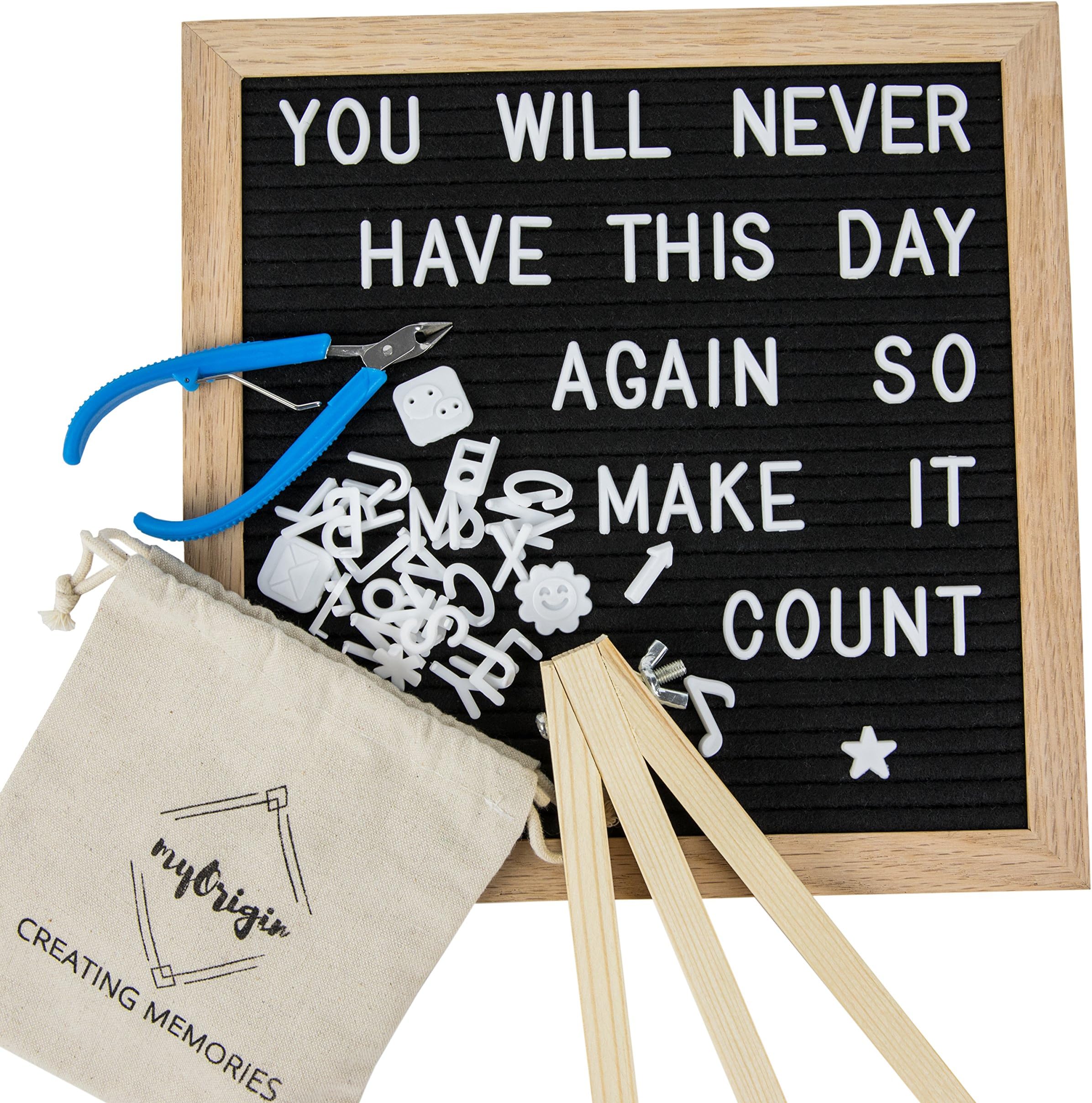 Black Felt Letter Board 10x10 – Wooden Message Boards Include Oak Frame, Stand, Wall Mount & Canvas Bag – 340 White Letters, Numbers, Symbols & Emojis – Perfect Gift – Great for All Occasion