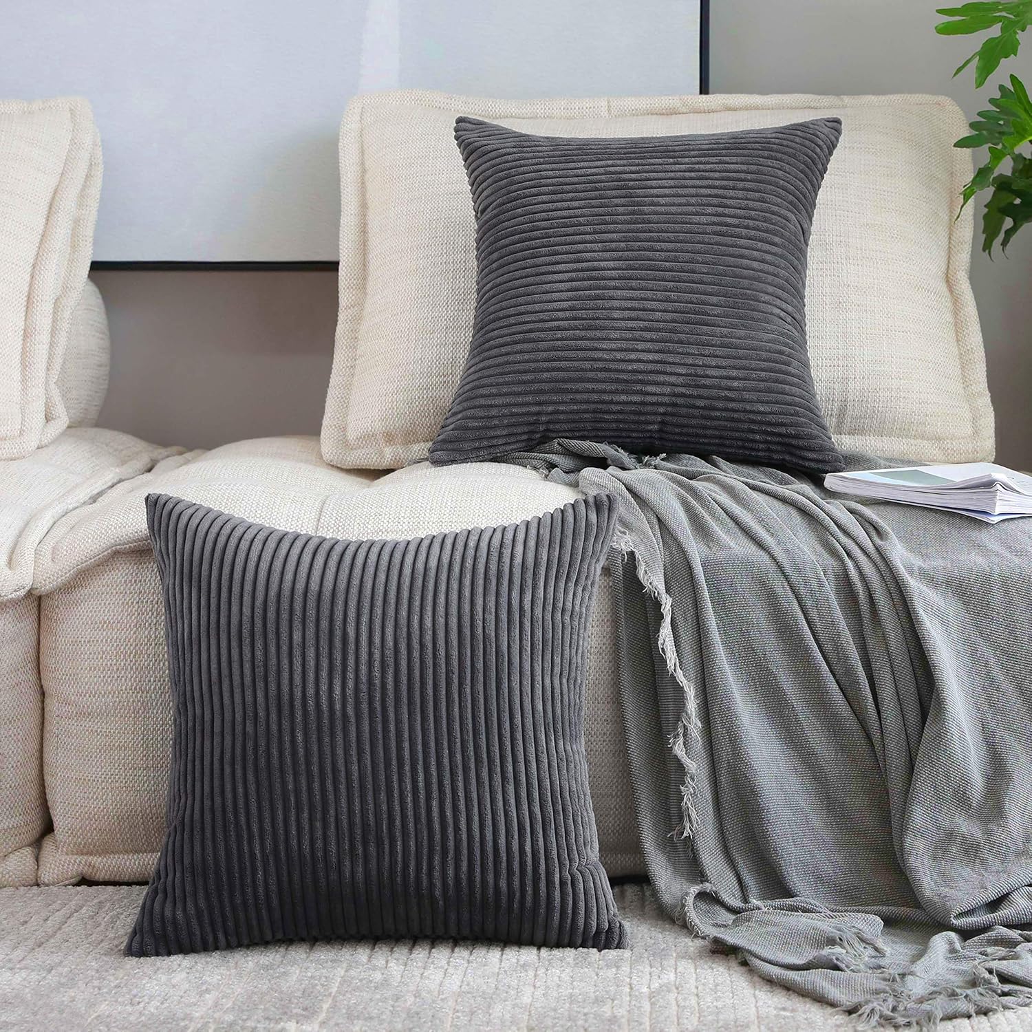 Home Brilliant Set of 2 Striped Corduroy Plush Velvet Large Euro Sham Spring Decoration Cushion Cover for Couch, 24 x 24 inch (60cm), Dark Grey