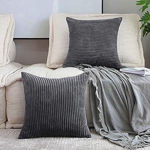 Home Brilliant Set of 2 Striped Corduroy Plush Velvet Large Euro Sham Spring Decoration Cushion Cover for Couch, 24 x 24 inch (60cm), Dark Grey