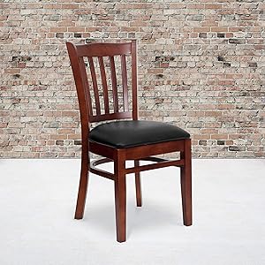 Flash Furniture HERCULES Series Vertical Slat Back Mahogany Wood Restaurant Chair - Black Vinyl Seat
