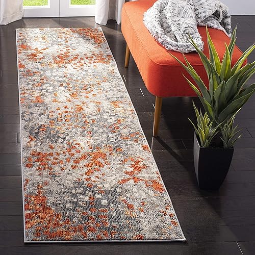 Safavieh Monaco Collection MNC225H Boho Chic Abstract Watercolor Non-Shedding Stain Resistant Living Room Bedroom Runner, 2'2" x 8' , Grey / Orange
