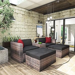 CHINNLUU 5 Pieces Outdoor Furniture Patio Rattan Loveseat Set All Weather Sectional PE Wicker Sofa Conversation Set with Ottoman Coffee Table, Garden Lawn Pool Backyard,Brown Wicker Black Cushions