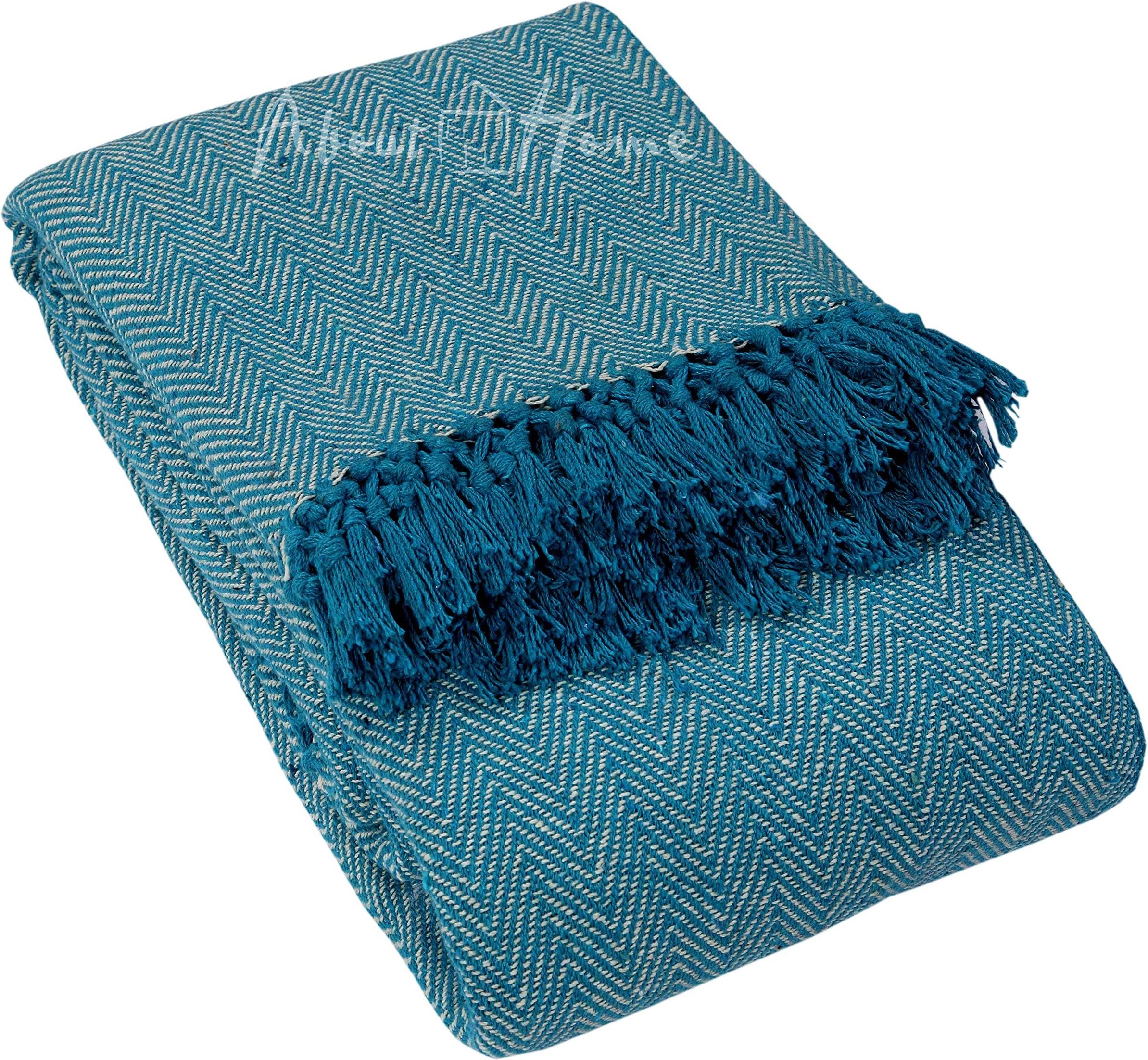 ABOUT HOME Herringbone Cotton Blanket Throw, Settee Cover (TEAL / Natural, 70"x100")