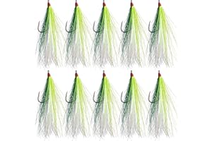 OROOTL Fishing Bucktail Teaser Hooks, 10pcs Saltwater Fishing Jigs Teaser Lures High Carbon Steel Hooks with Crystal Flash Feather Skirt for Flounder Salmon Trout Sea Bass Steelhead