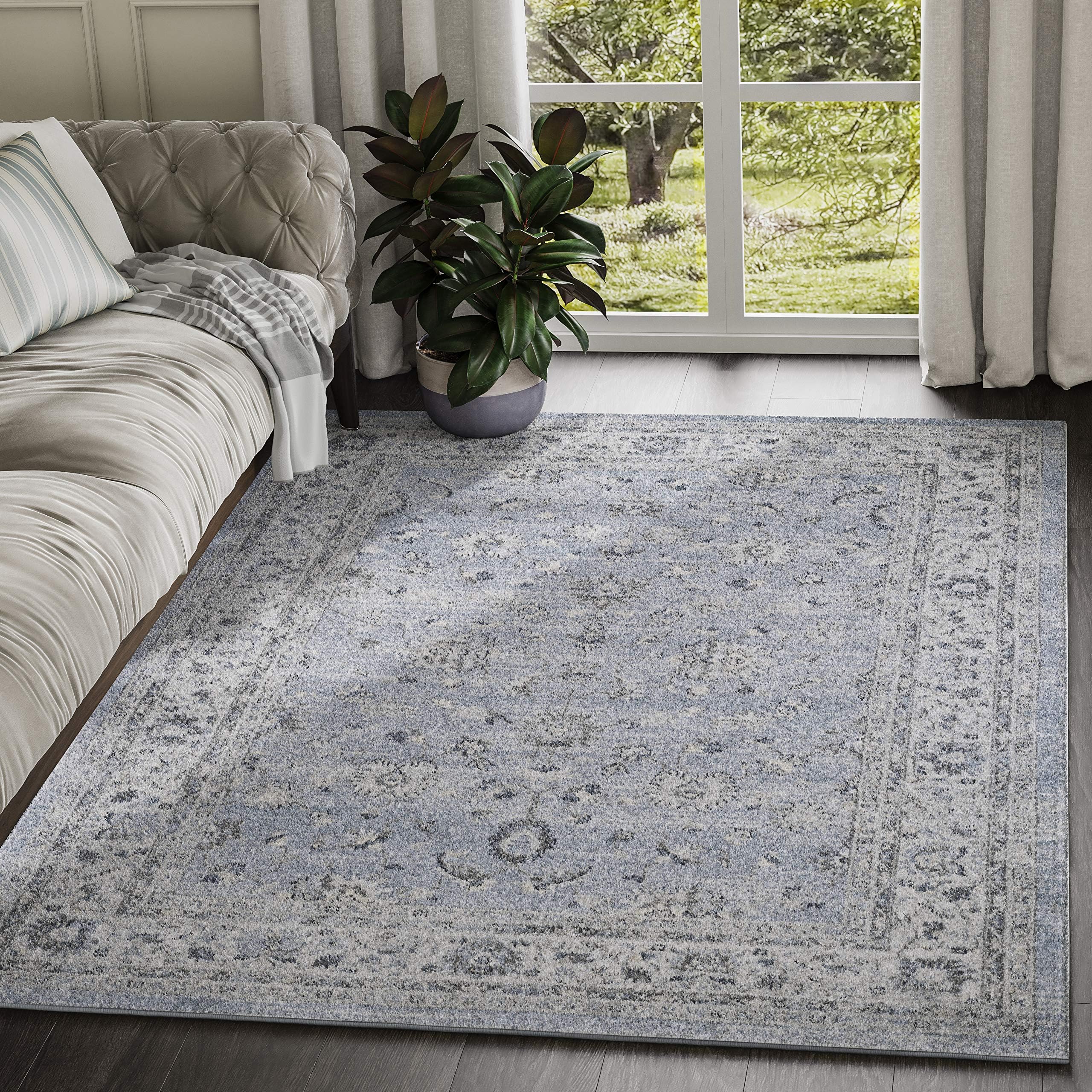 Abani Classic Distressed Floral Pattern 7'9" x 10'2" Area Rug - Contemporary Style Blue & Grey Accent Rug, Troy Collection Rugs