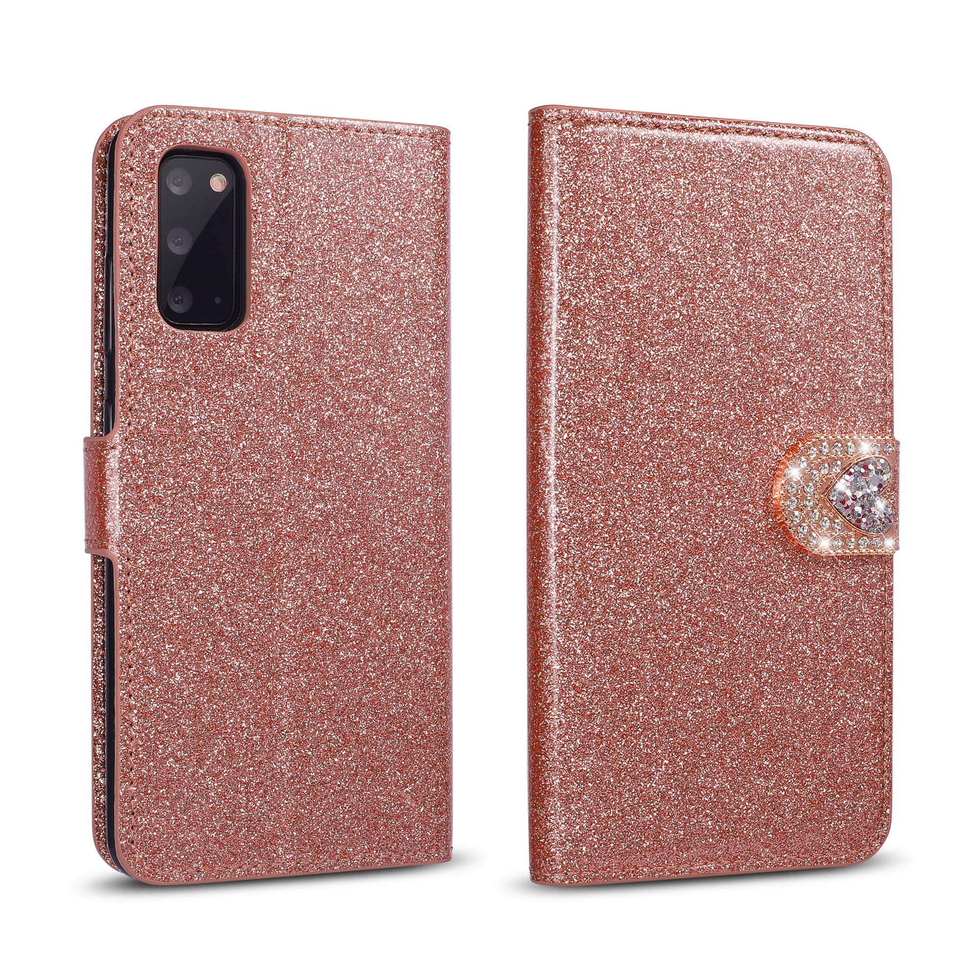 ZCDAYE Case for Samsung Galaxy S20 Plus,Luxury Bling Glitter [Magnetic Closure] PU Leather Flip Wallet [Love Diamond Buckle][Card Slots][Kickstand] Soft TPU Cover for Galaxy S20 Plus-Rose Gold