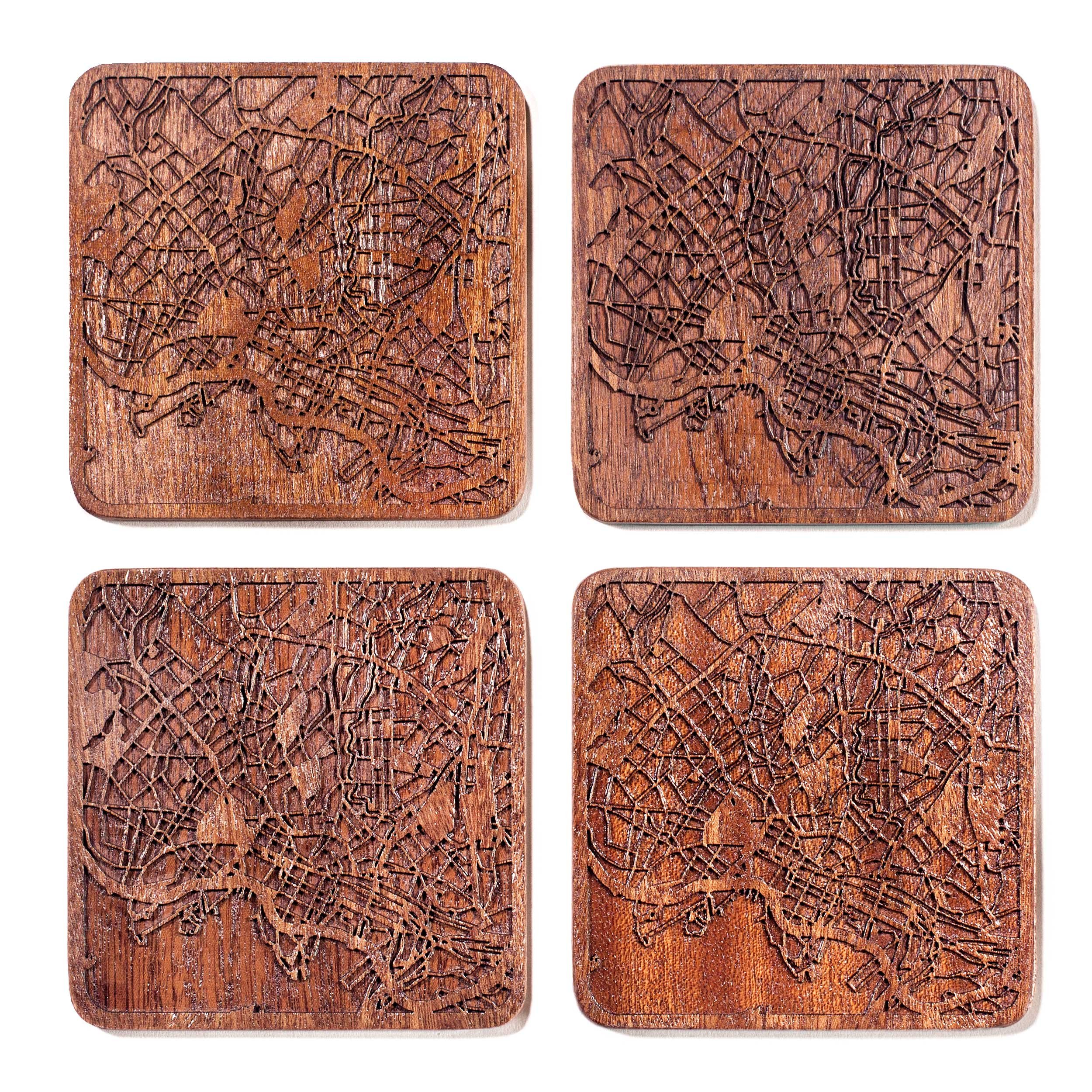Olso Map Coaster, Set of 4, Sapele Wooden Coaster with City Map, Handmade