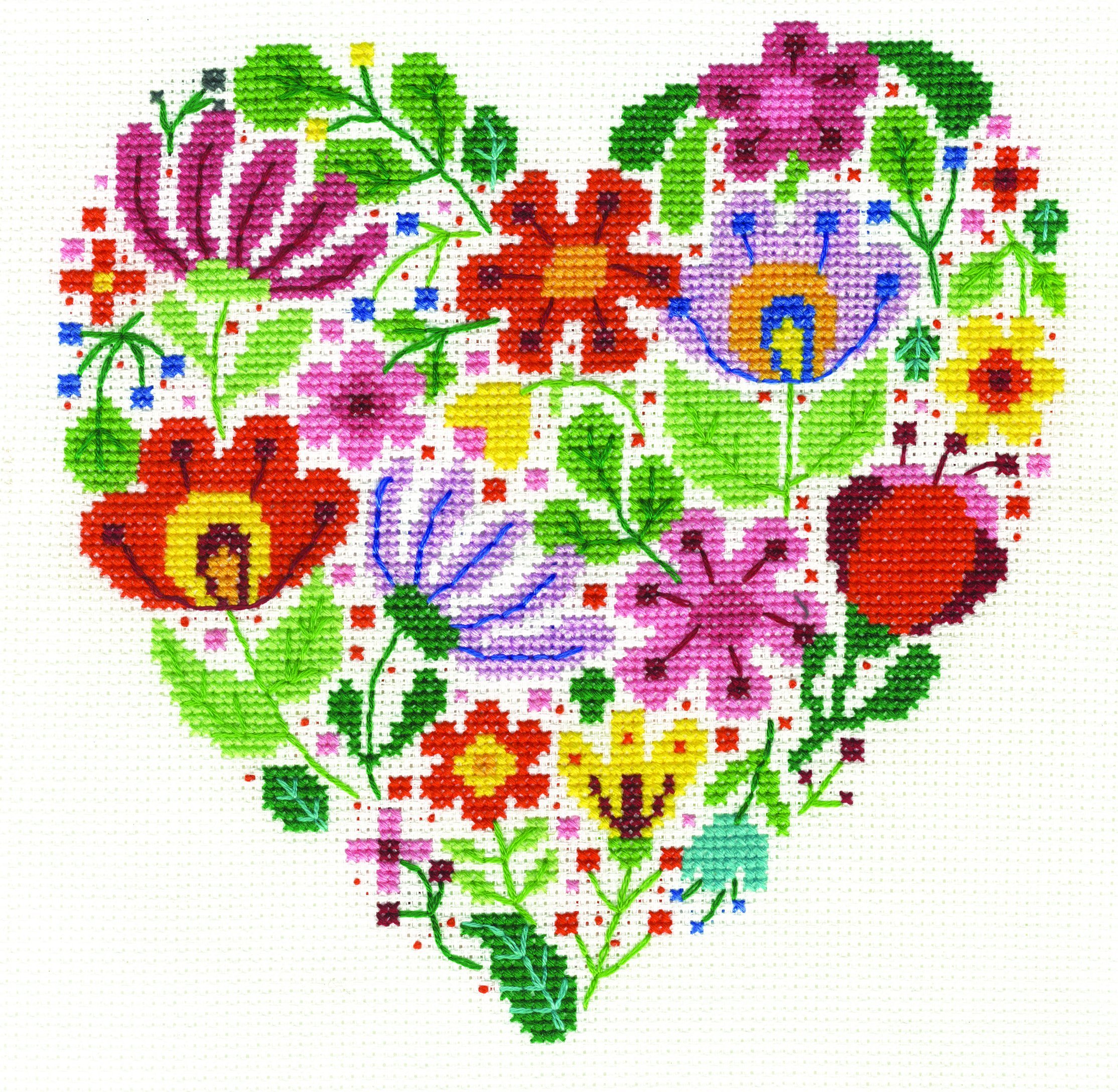 DMC Flower Heart Kit, Includes Embroidery Thread, Needle, Aida Fabric and Instructions