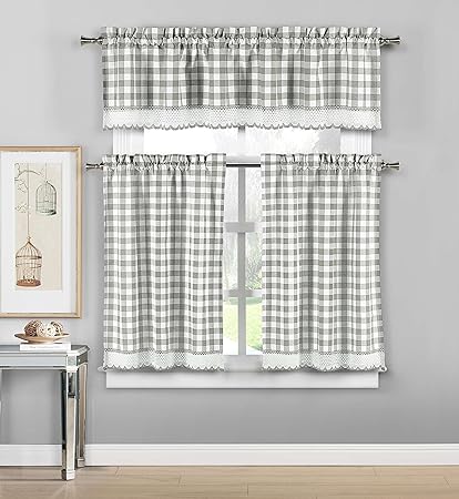 DUCK RIVER TEXTILES - Queenston Checkered Kitchen Window Curtain Tier Valance Set, 2 29 x 36 | 1 58 x 15, Grey