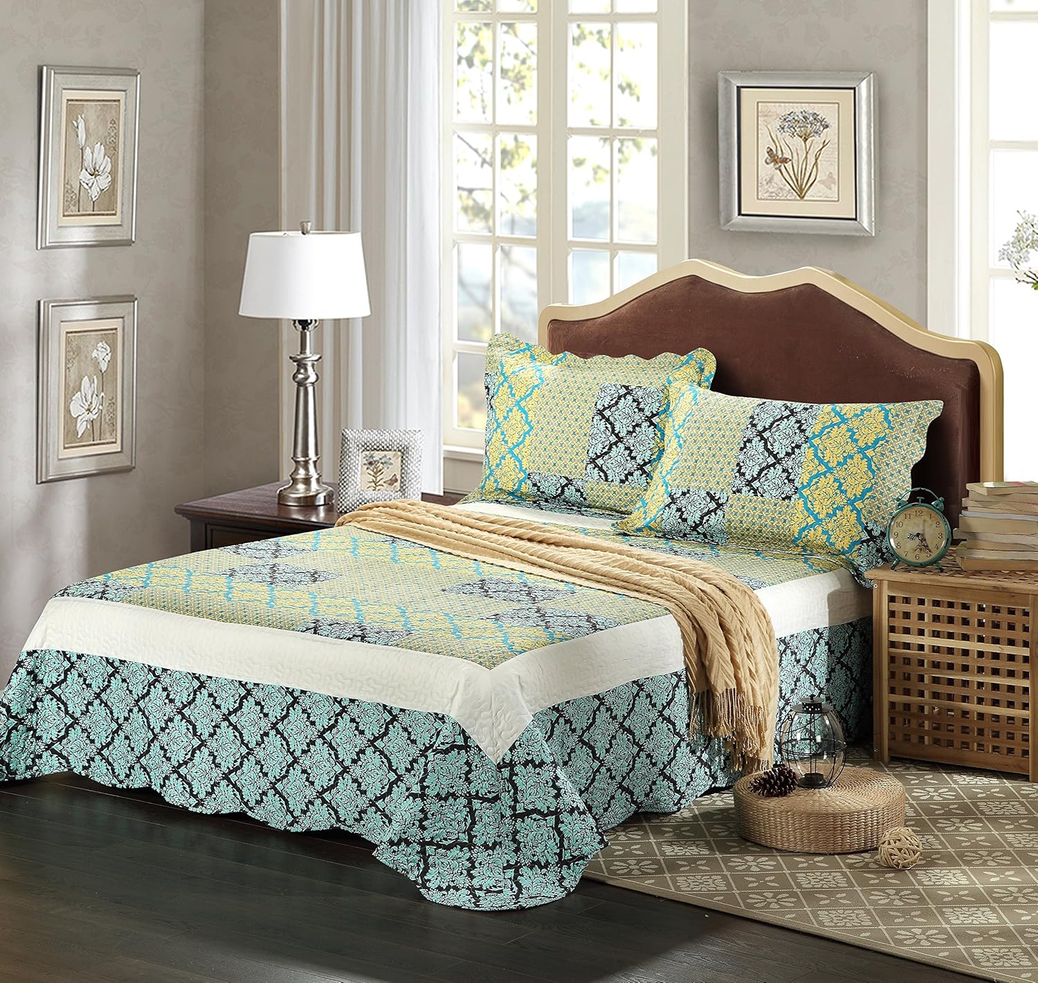Tache Home Fashion SD3300-Cal King Tache 3 Piece Fall Damask Turquoise Reversible Bedspread Quilt Set, Cal