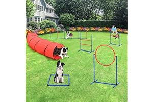 DWVO Dog Agility Accessories Kit: Comprises of a Teaser Pole, 2 Hurdles, 3 Flying Discs, 6 Weaving Poles, Agility Tunnel, Pause Box, Full Set of Agility Equipment for Backyard Indoors Outdoors