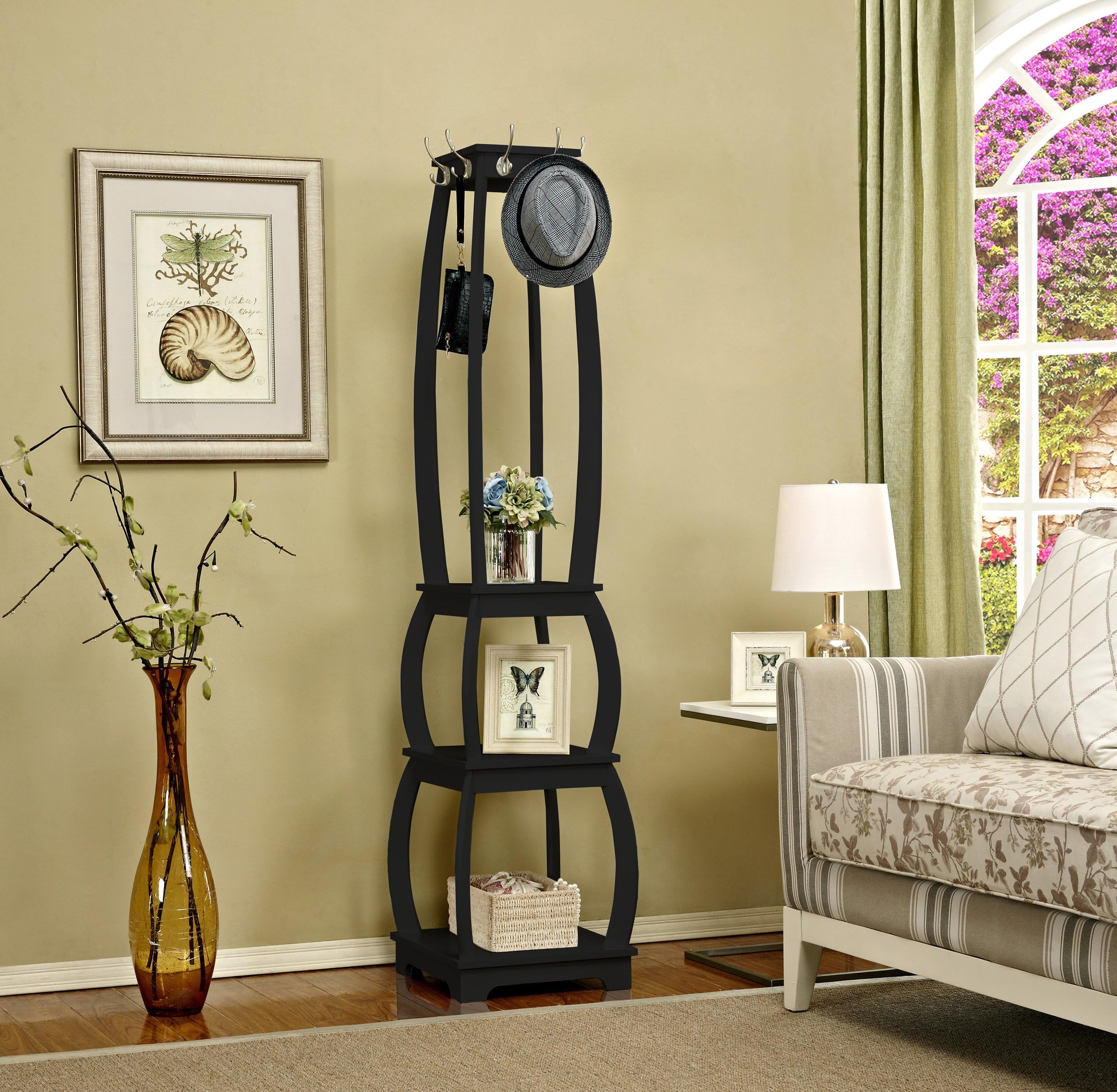 Mixcept Wooden Coat Rack Stand with 8 Hooks Entryway Hall Tree Multi-Purpose Shelves with 3 Tier Storage Shelves, Black
