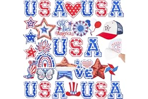 Self-Adhesive Hats Patches for Independence Day: Meneng 32PCS USA Letter Embroidered Patches - Patriotic Theme Patch for Clothing Shirts Jackets Jeans DIY Crafts