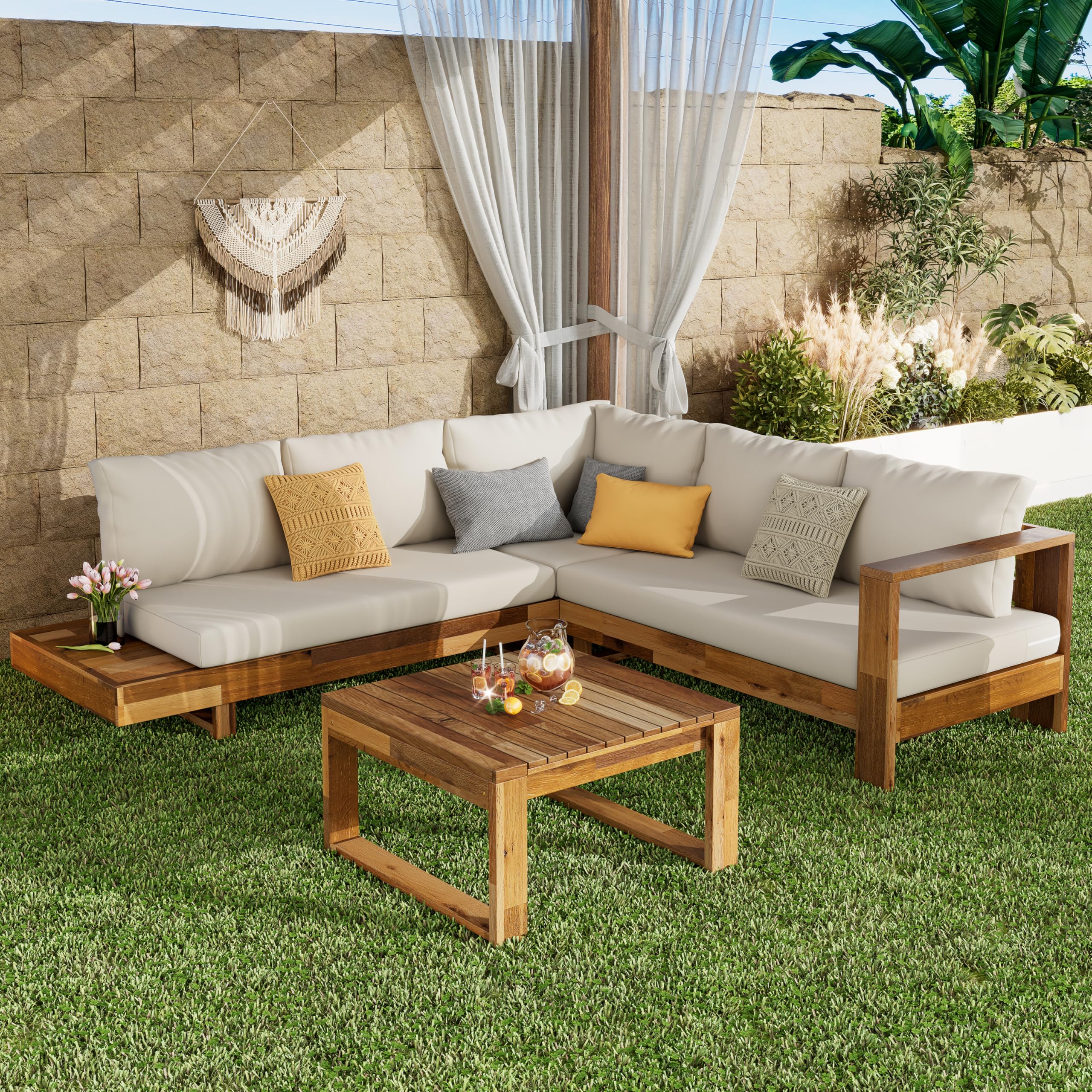Photo 1 of *ONLY BOX 2 OF 2* Christopher Knight Home Tenny 5-Seater Acacia Wood Patio Furniture Set, Outdoor Conversation Corner Sofa Set with Club Chair+Coffee Table, Patio Sectional Chat Set for Backyard/Balcony, Teak+Beige