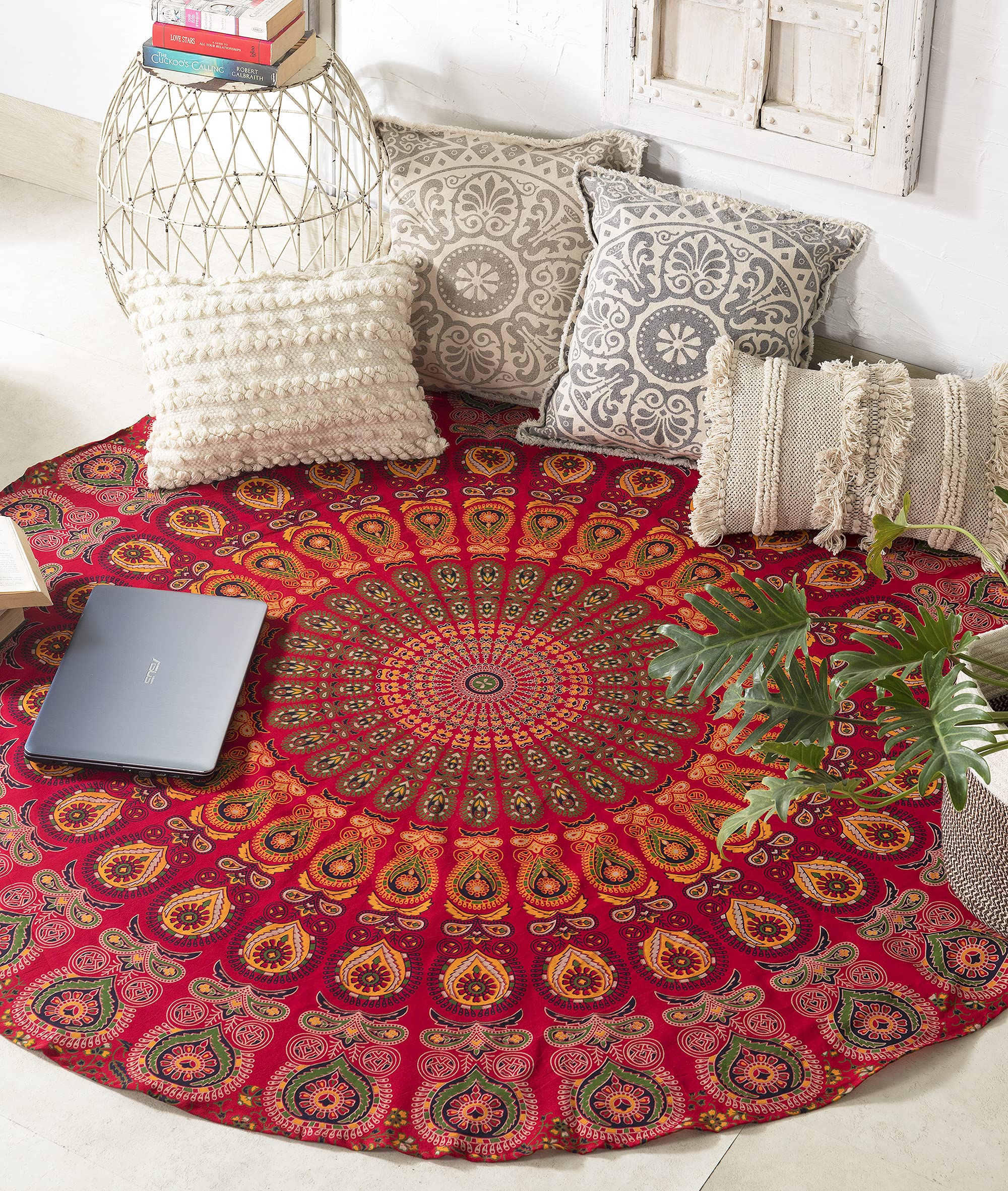 Popular Handicrafts Round Tapestry Wall Hanging Ombre Hippie Mandala Bohemian Hippy Intricate Indian Tapestries Tablecloth 70 Inches,(178cm) Red — image 1