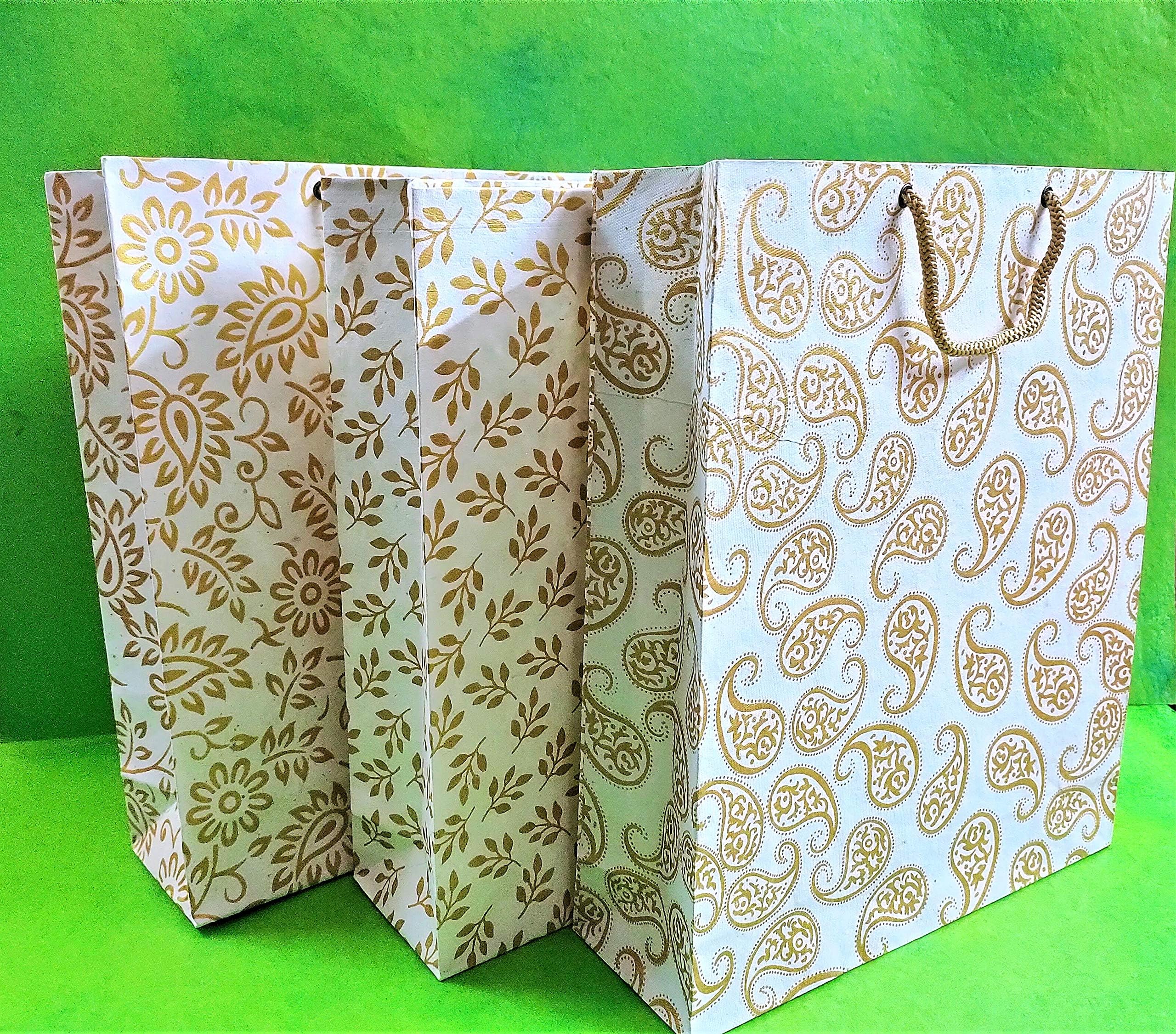 INDOGIFTS Pack of 12-100% Handmade Paper Bags with Exclusive Gold Screen Print Size 13.5 X 11 X 3.5 in, 220 GSM Paper