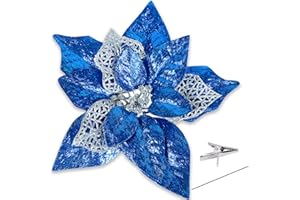 Geefuun 15PCS Christmas Tree Decorations Poinsettias Artificial Flowers Ornaments: Large Size 8.7” Xmas Glitter Flower with Clips Plus Stems(Blue)