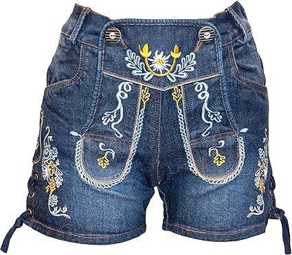 Almwerk Damen Trachten Jeans Lederhose kurz Modell Gina in blau und schwarz