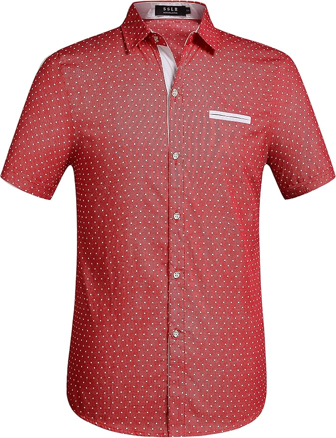 SSLR Men's Cotton Polka Dot Short Sleeves Slim Fit Dress Shirts (Small