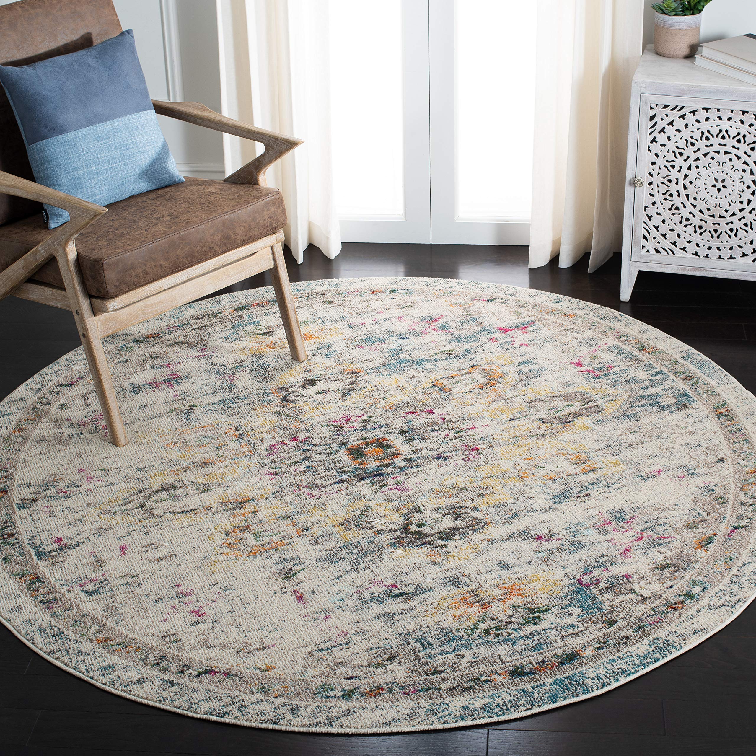 SAFAVIEH Madison Collection 12' Round GreyGold MAD473F Boho Chic Medallion Distressed Non-Shedding Entryway Foyer Living Room Bedroom Kitchen Area Rug Image