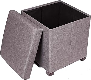 BirdRock Home Folding Storage Ottoman with Legs - Upholstered - 16 x 16 - Linen - Strong and Sturdy - Quick and Easy Assembly - Foot Stool - Grey