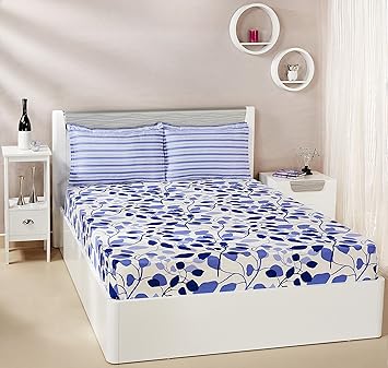 Amazon Brand - Solimo Leafy Spring 144 TC 100% Cotton Double Bedsheet with 2 Pillow Covers, Blue