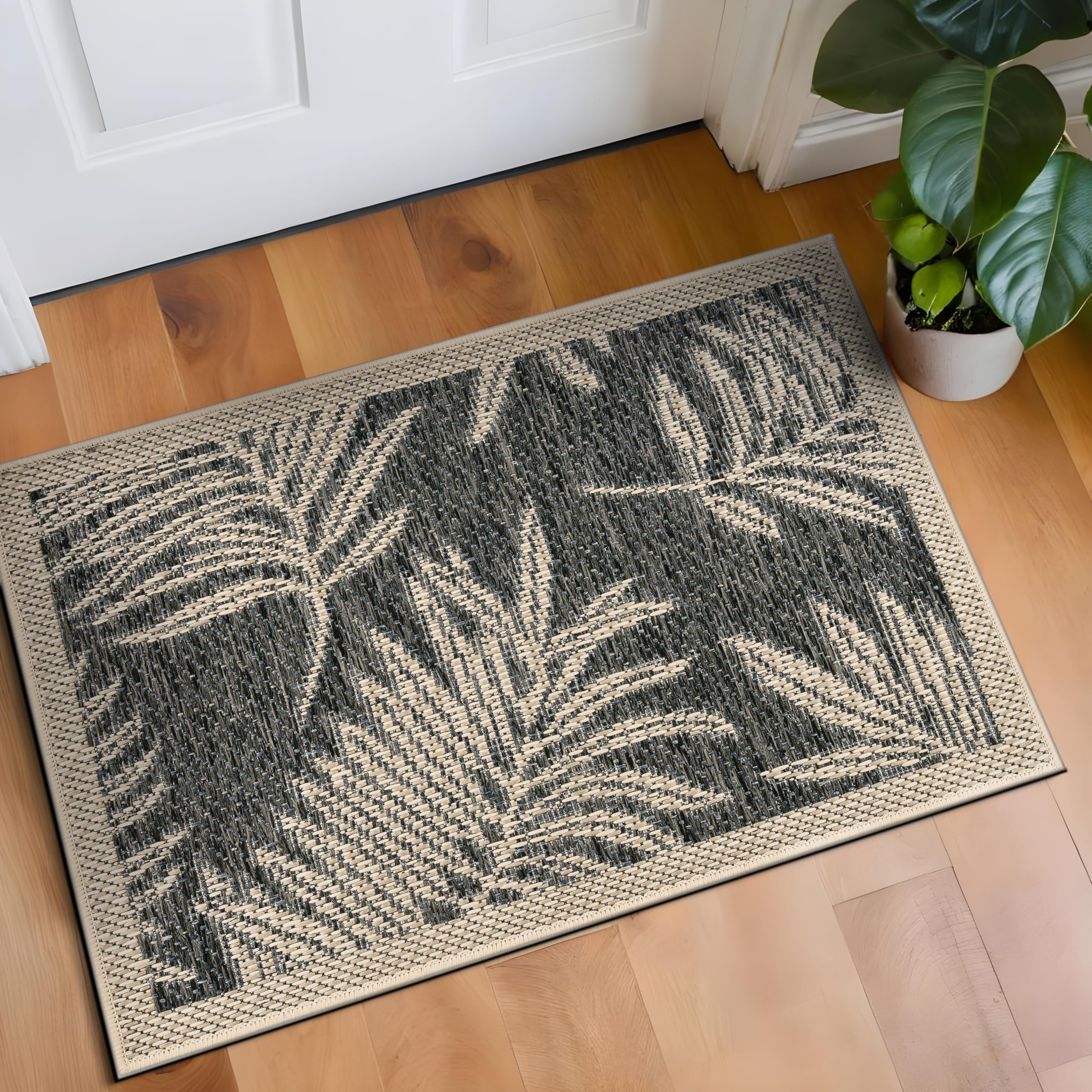 Rugshop Leaf Design for Patio Rugs,Deck Rugs,Balcony Rugs Indoor/Outdoor Area Rug 2' X 3' Blue Image