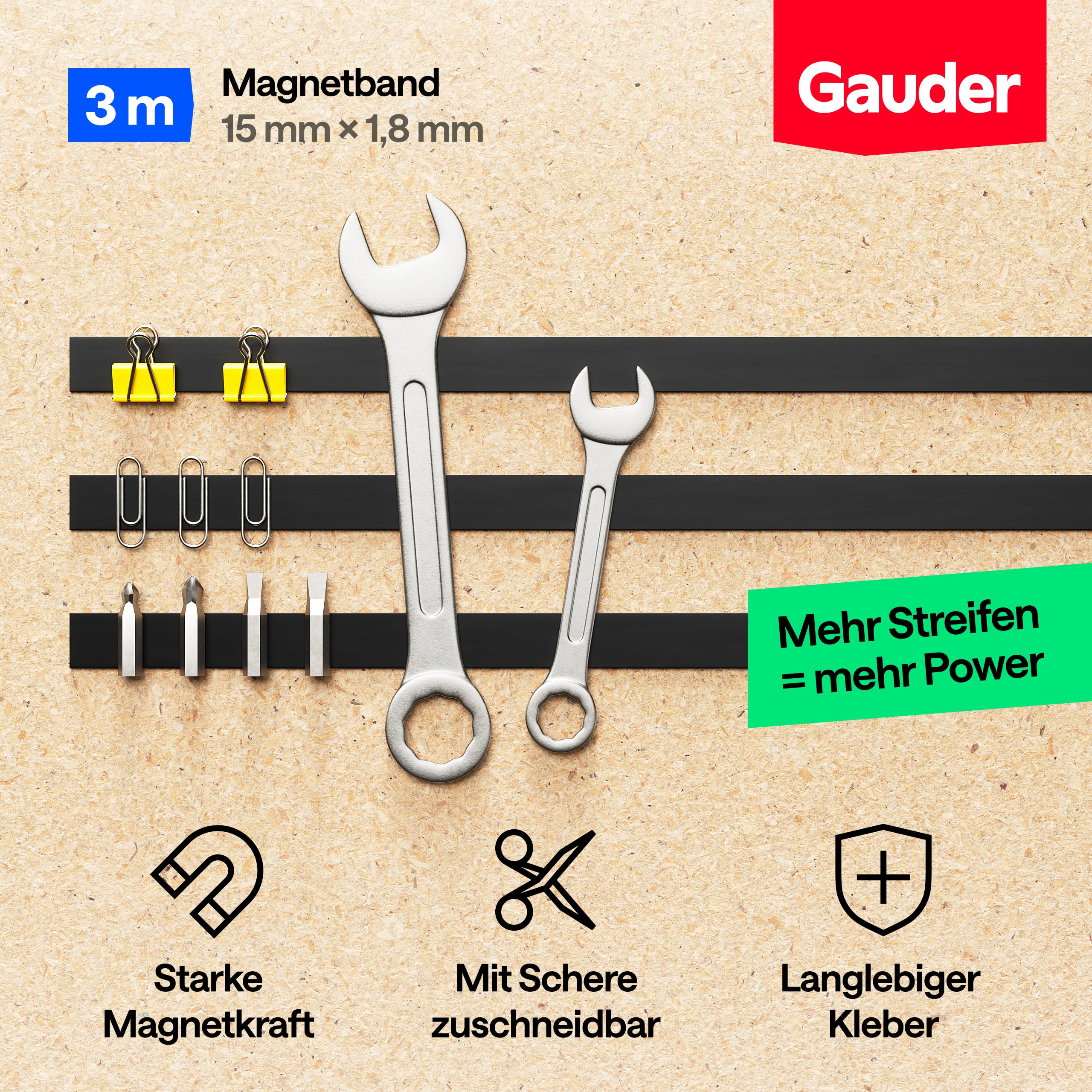 GAUDER Magnetband selbstklebend stark - Magnetstreifen selbstklebend stark - Magnetklebeband zuschneidbar mit optimaler Haftkraft - Klebemagnete mit hoher Magnetkraft - Magnet Klebeband (3 m x 15 mm) 3