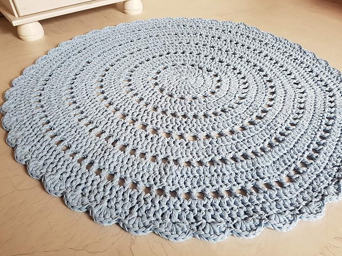 Teppich Hakelteppich Rund Kinderteppich Kinderzimmer Blau Hellblau