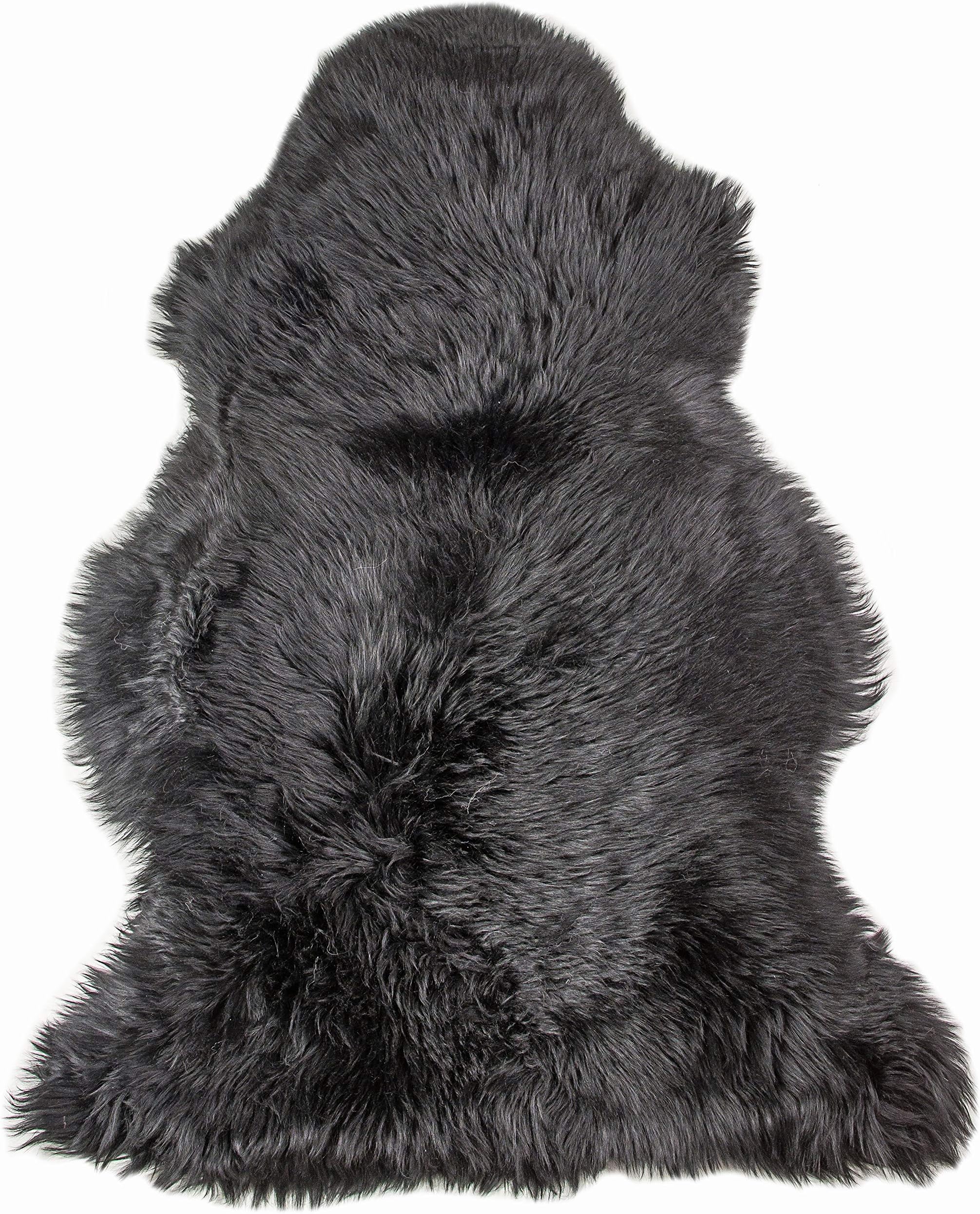 Natural Sheepskin Rug with Thick and Lush 2.5 Inch Pile | Fluffy, Hypoallergenic Sheep Fur Rug with Anti-Skid Back | 2 x 3 ft Small Sheepskin Wool Area Rugs, Black