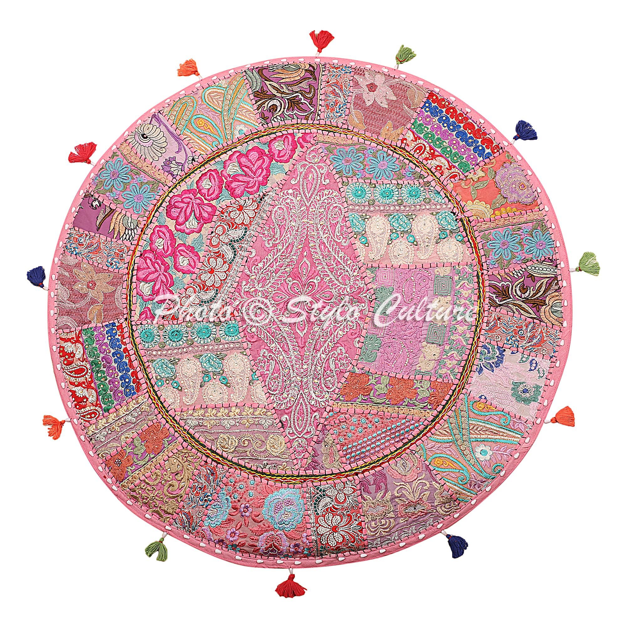 Stylo Culture Decorative Round Floor Pillow Cushion Kids Scatter Cushion Cover Baby Pink 100 cm Vintage Patchwork Boho Large 40 Inch Reading Nook Cotton Embroidered Couch Sitting Cover
