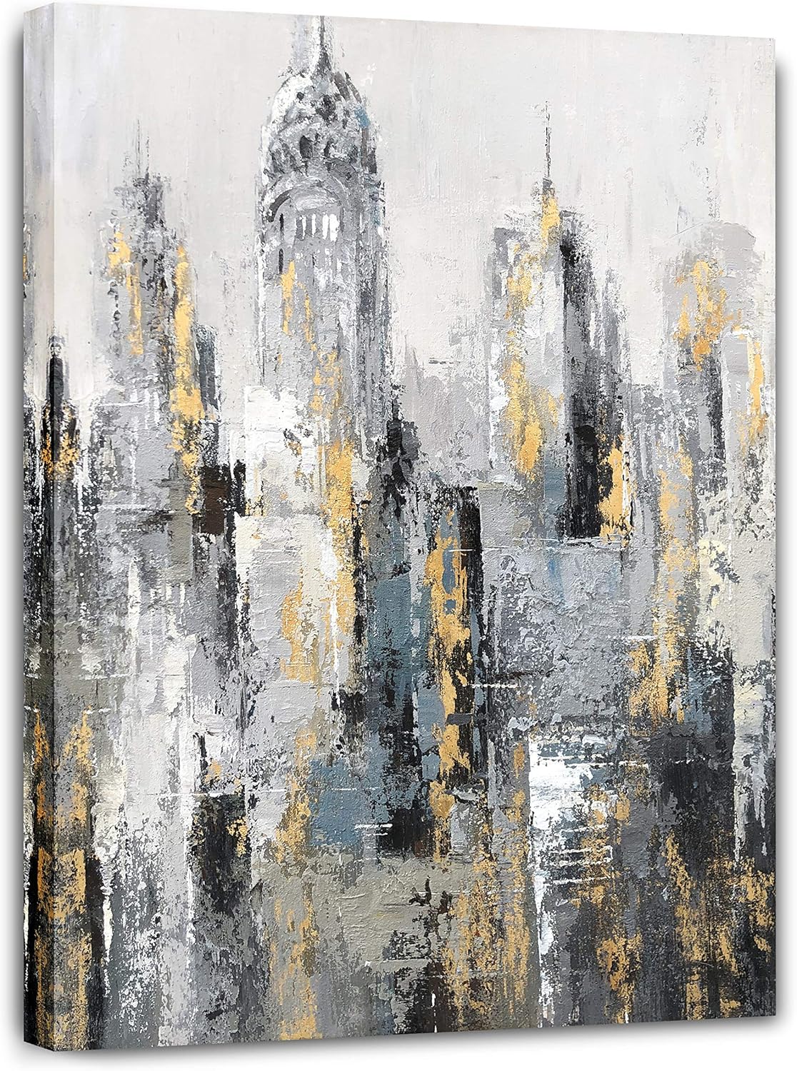 Paintings - Yihui Arts Modern Abstract Cityscape Canvas Wall Art Painting with Gold Foil for Bedroom Decoration