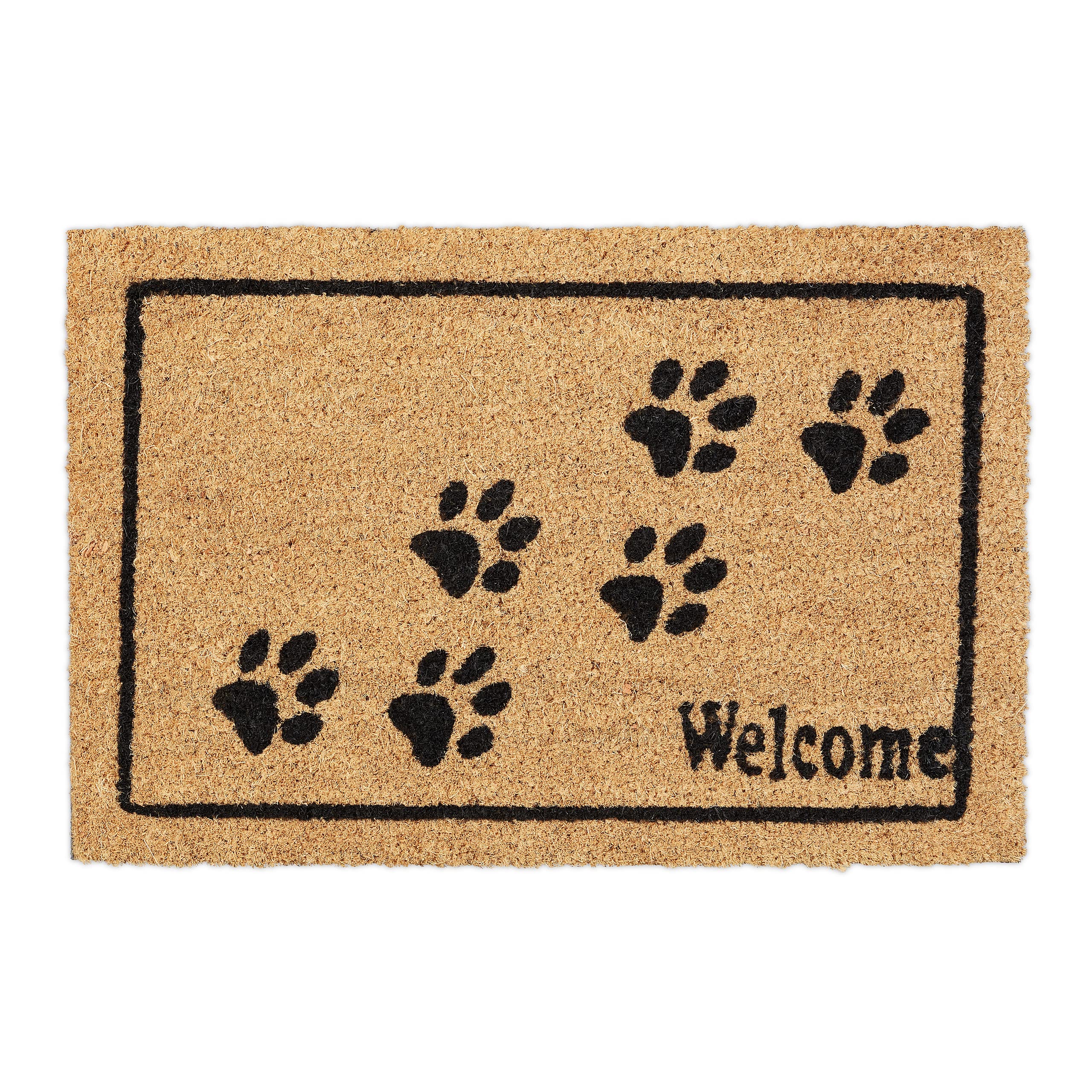 Relaxdays Welcome Paw Prints Doormat Rubber, 40 x 60 cm, Door Mat Inside & Outside, Non-Slip, Natural Coir/Black, Coco, 60x40cm