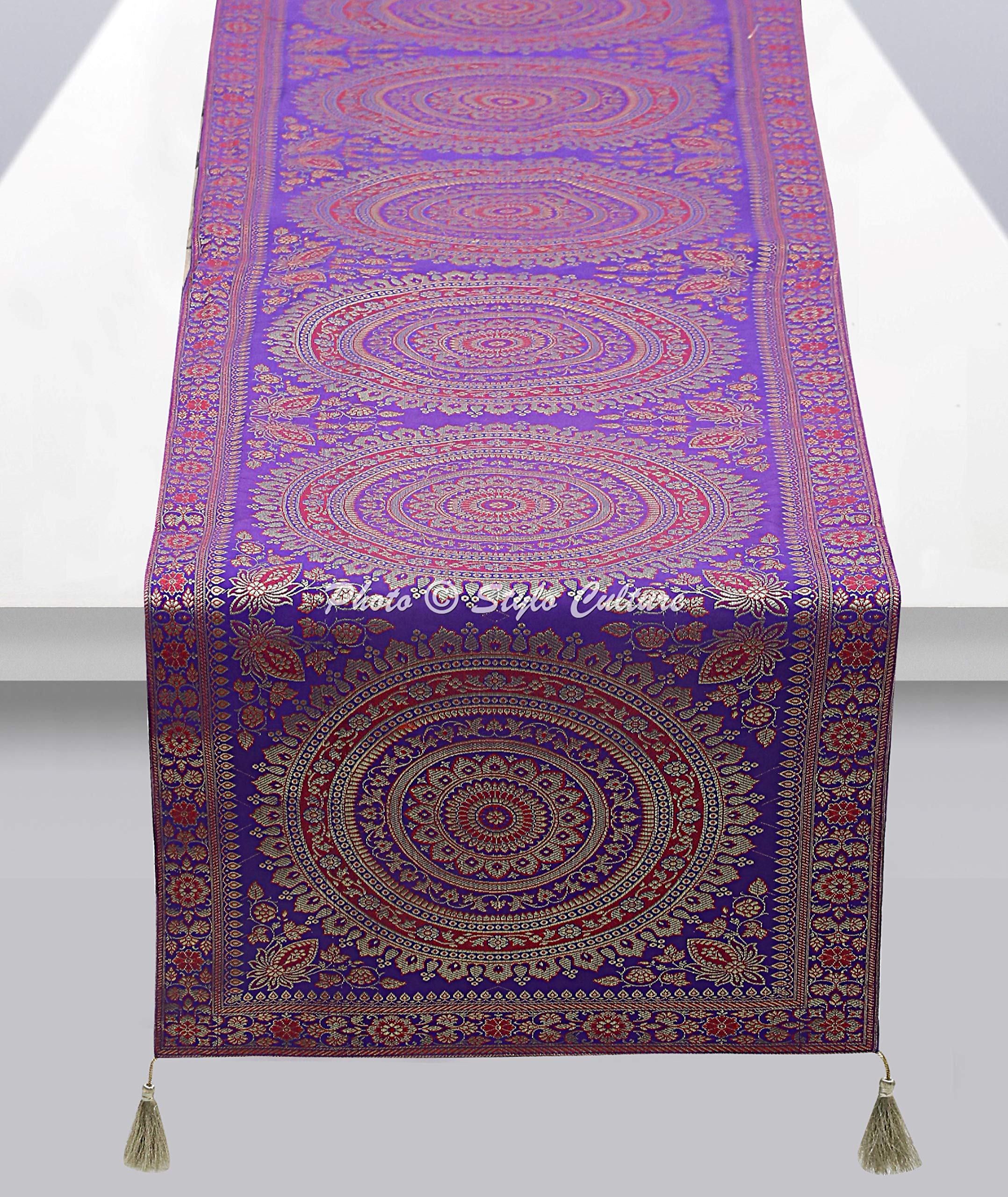 Stylo Culture Ethnic Table Runner For Dining Room Purple Gold Indian Round Mandala Jacquard Tassel Work Home Decor Wedding Tablecloth Brocade Rectangle Table Cloth Placemat 68x16 Inches