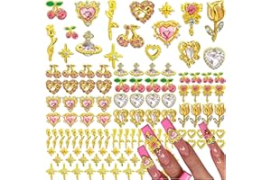 BHCCXZ 104PCS Gold Nail Charms and Gems, Heart,Cherry,Flower,Planet,Rose,Starburst Charms for Nails Design,3D Alloy Y2k Nail Jewels Bulk Nail Art Decor Set