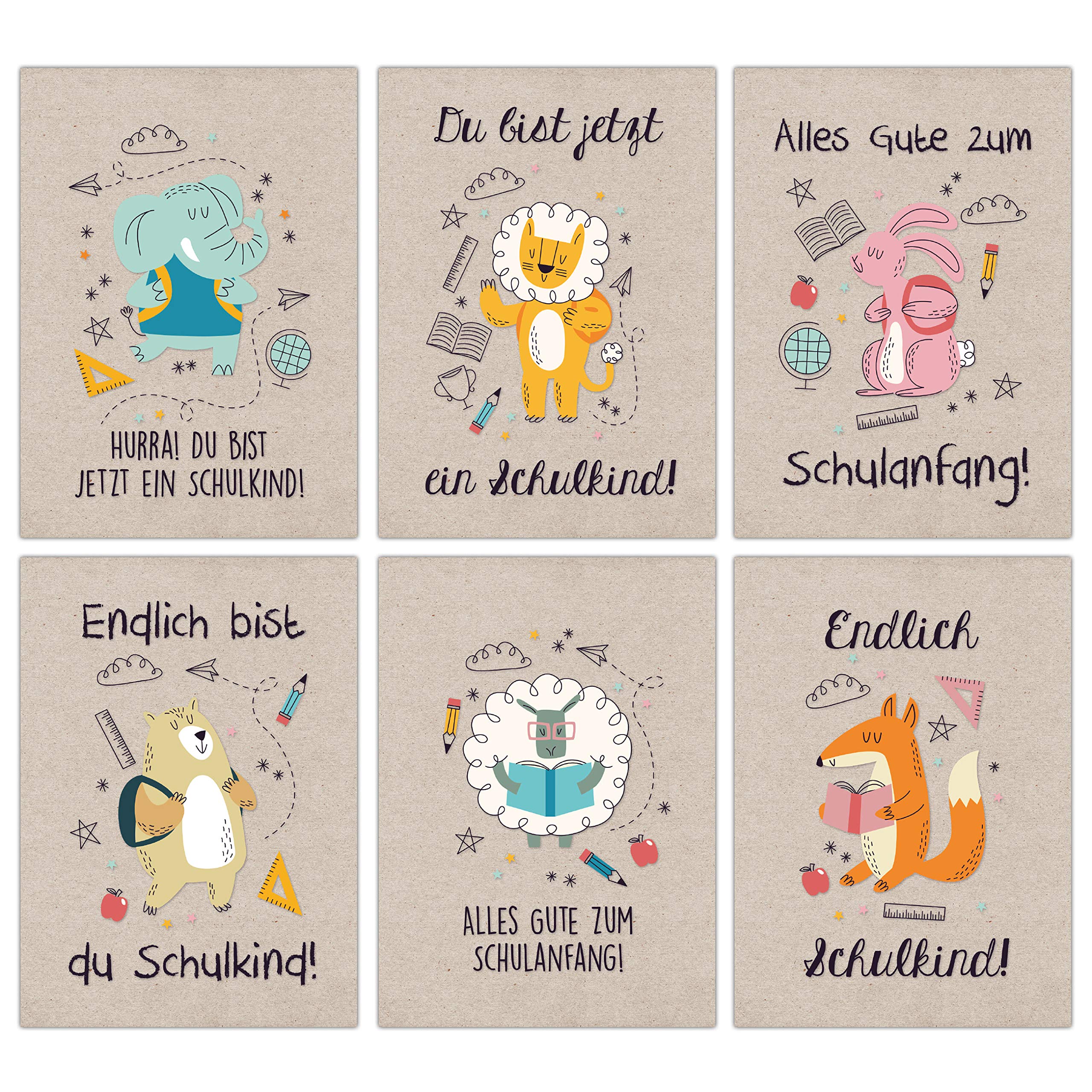 12 Greeting Cards for First Day of School – Design Wrapping Paper Animals – Gift and Greetings for Beginners of School – Colourful Postcard Set for Children at the First Day of School – DIN A6