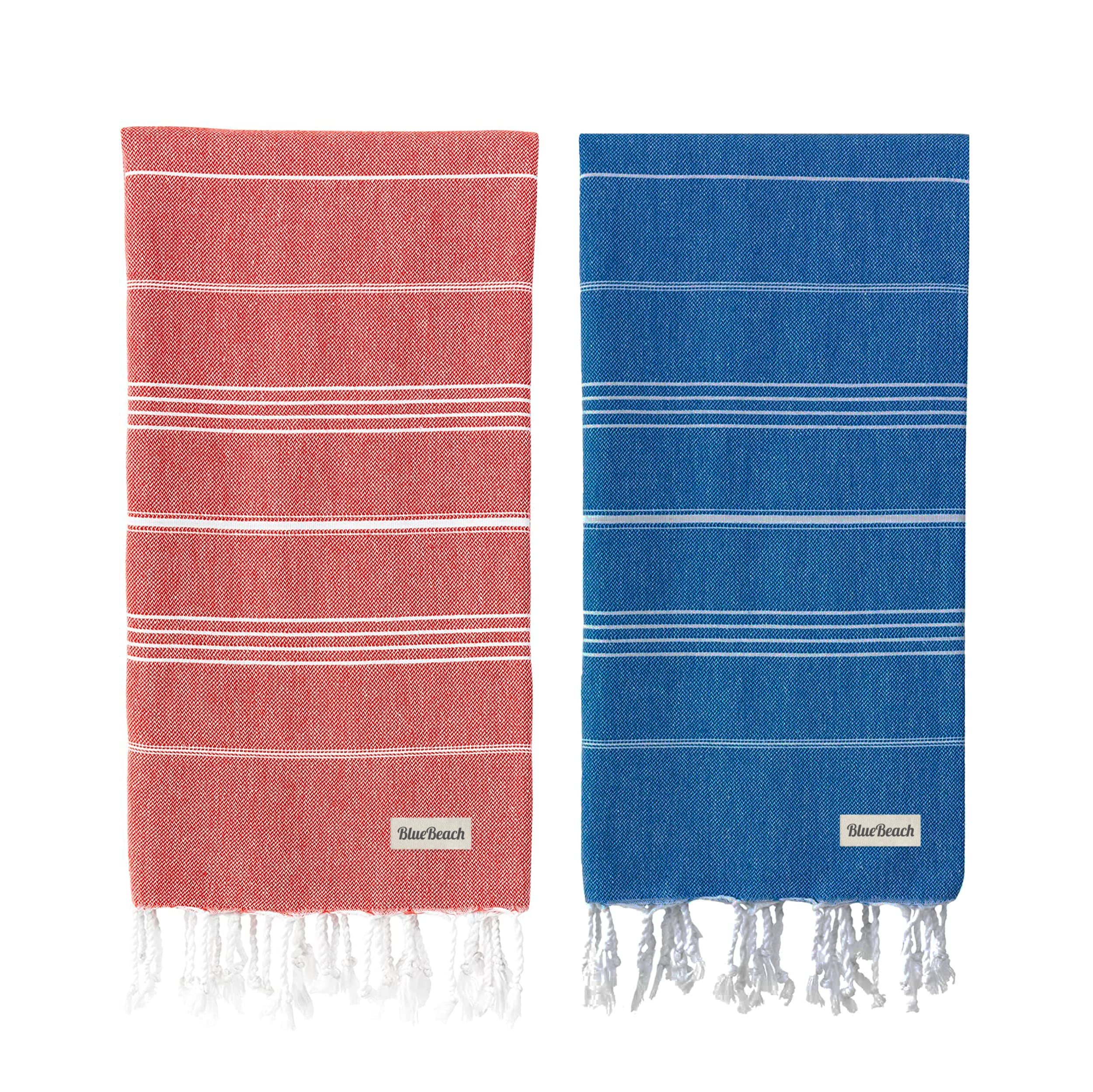 Blue Beach Turkish Towel - Set of 2-100x180cm Large Turkish Hammam Peshtemal Towel - Super Absorbent, Quick Dry, Lightweight, Compact Towels for Swimming, Bath, Gym and Travel (Blue+Red) — image 1