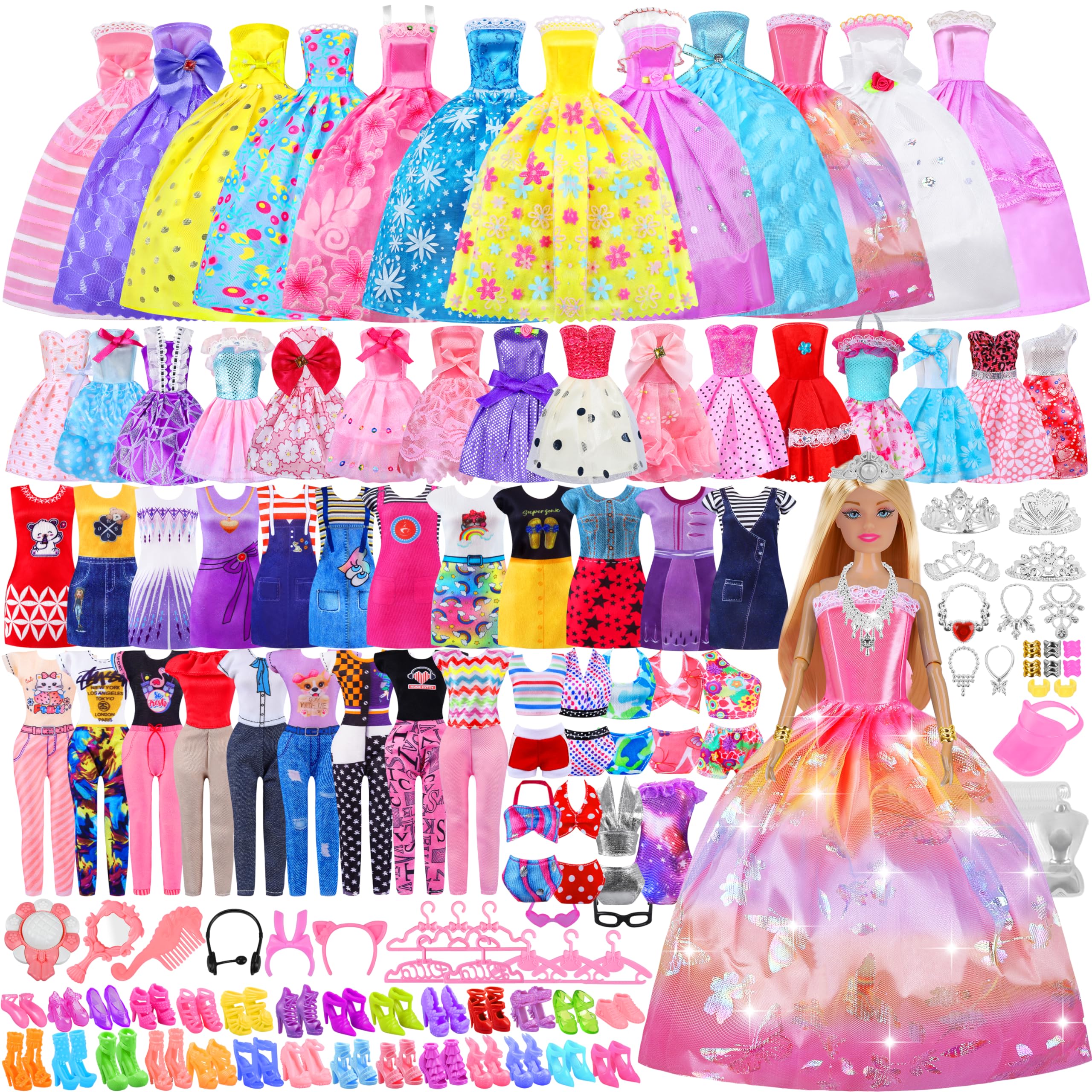 135 Pcs Doll Clothes Outfit for Babys,Doll Accessories Mini Dress Party Dress Bikini Set Tops Pants Shoes Hangers Hat Random Stlye for 11.5 Inch Girl Doll,Doll Dress up Toys for 3+ Little Girls Kids