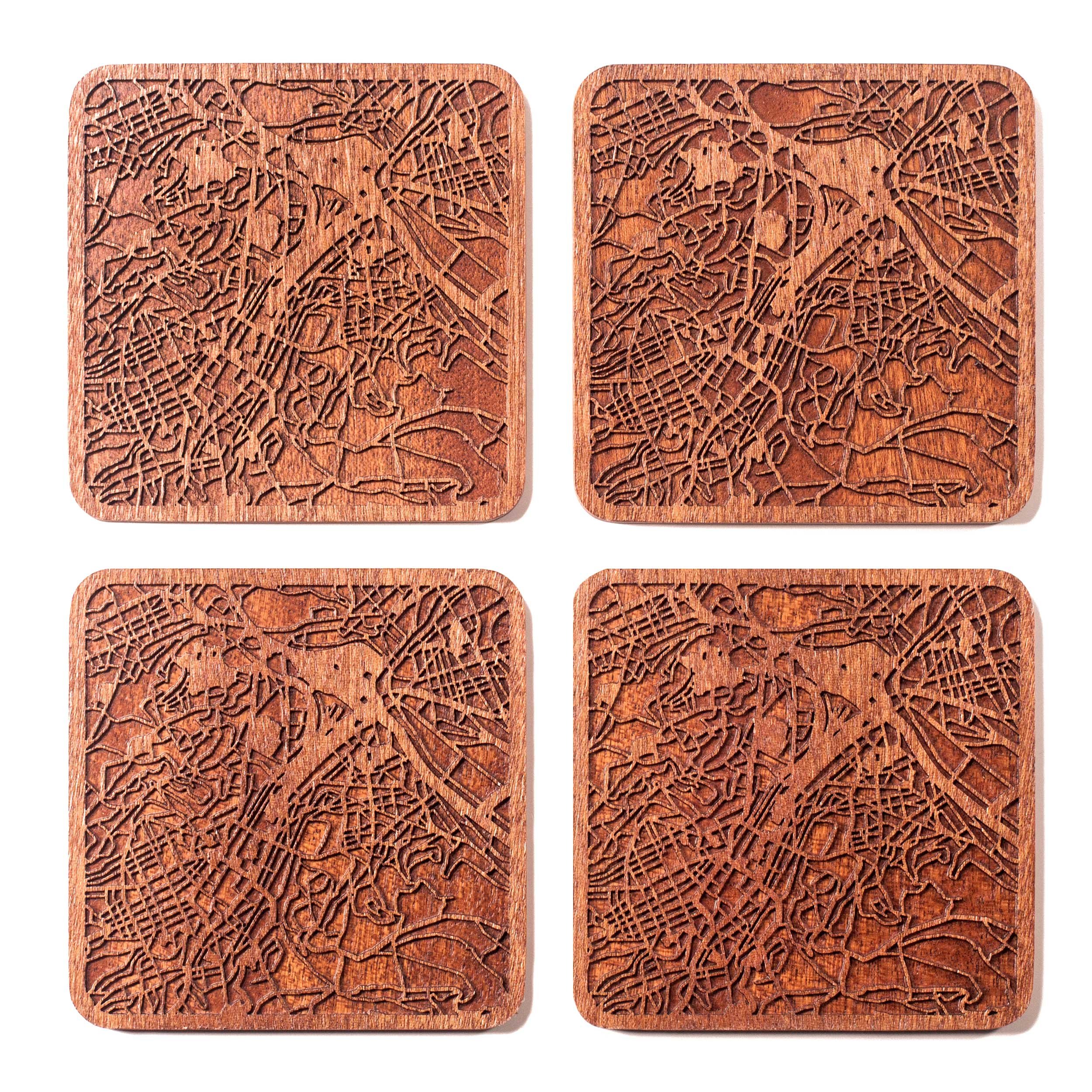 Stuttgart Map Coaster, Set of 4, Sapele Wooden Coaster with City Map, Handmade