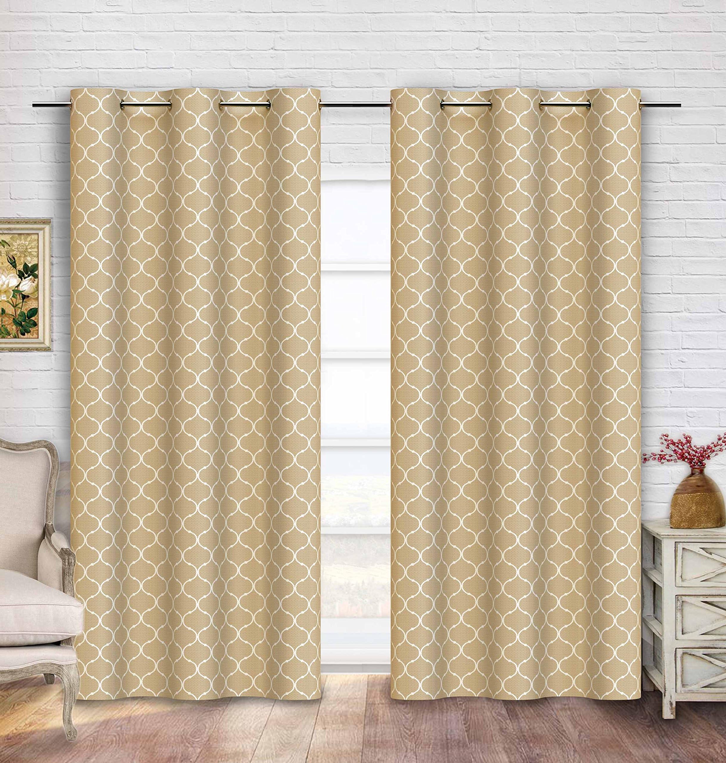 Contemporary Moroccan Trellis Design Classy Top Grommet Two Panel Window Curtain Linen Ornament Pattern 108"Wx84"L