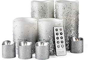 Furora LIGHTING Silver Glitter LED Candles with Remote and Timer, 4 Pillars and 4 Votives Pack of 8, Real Wax Flameless Flickering Candles for Home Décor, Battery Included