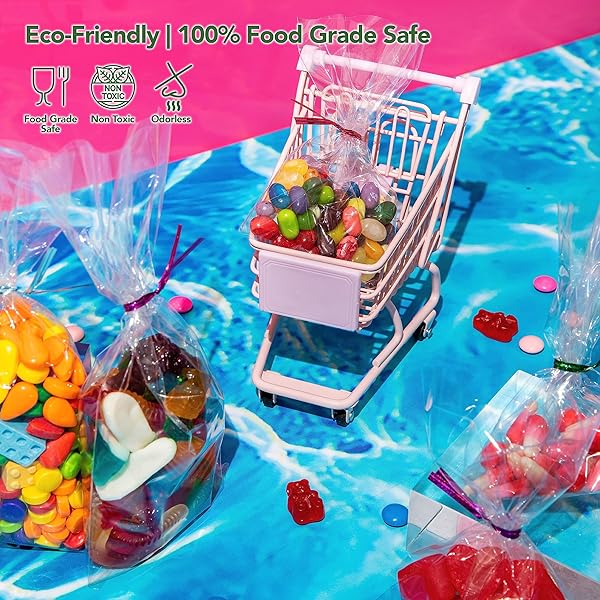 SEAL FRESH CLEAR CELLOPHANE TREAT BAGS WITH HOLOGRAPHIC LASER TWIST TIES 4″ – 4″ X 6″ (500 COUNT) – CELLOPHANE BAGS, COOKIE BAGS, CANDY BAGS
