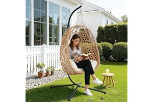 EORTHEX OUTDOOR FANCY EortheX Hanging Egg Chair with Cushions – Comfortable Rattan Swing Chair with Stand for Patio, Garden, or Balcony – Stylish and Relaxing Outdoor Lounge Chair, 350LBS Capacity Indoor Outdoor (Beige)